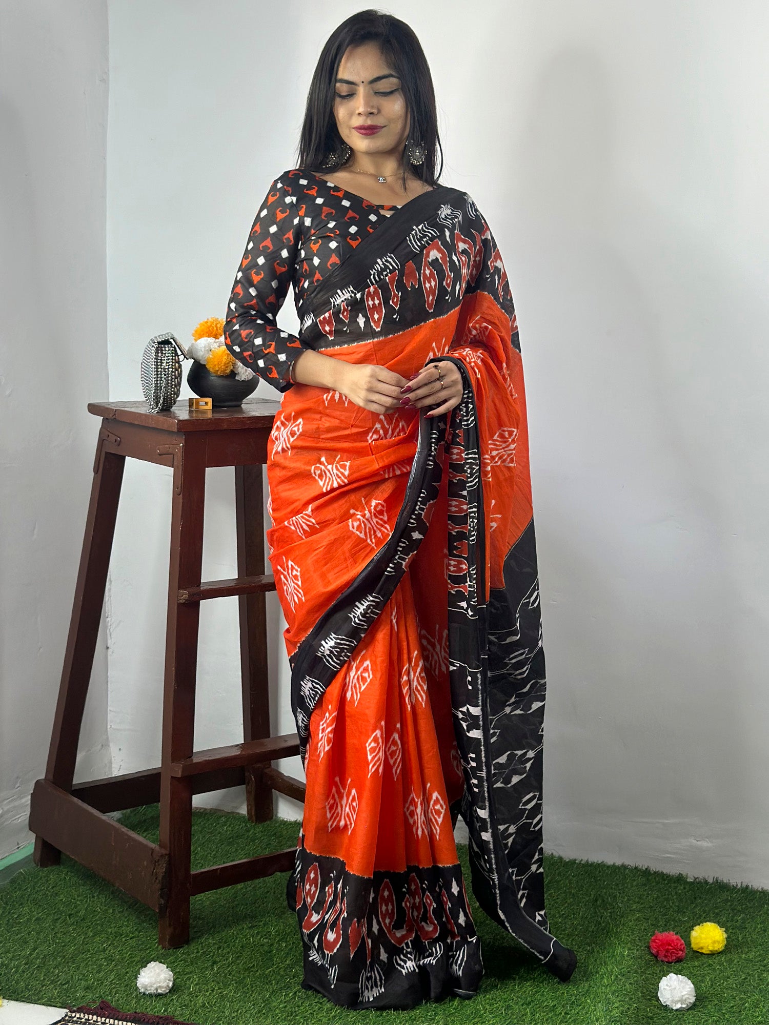 Cotton Orange Printed Designer Saree With Blouse
