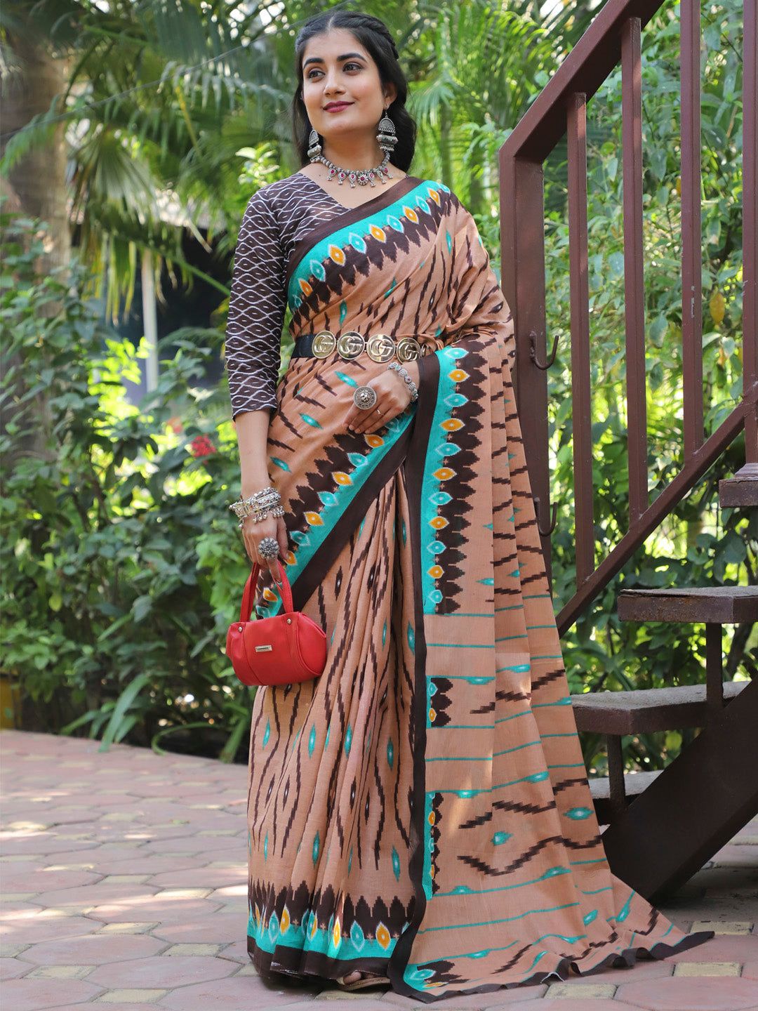 Cotton Brown Printed Designer Saree With Blouse