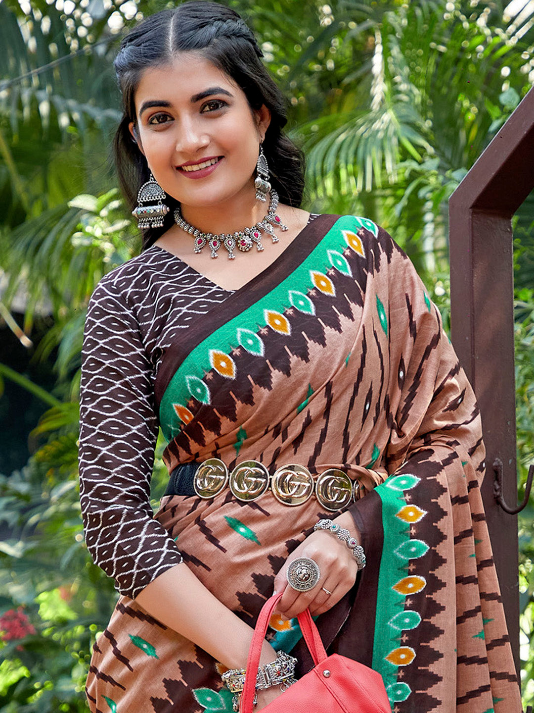 Cotton Brown Printed Designer Saree With Blouse