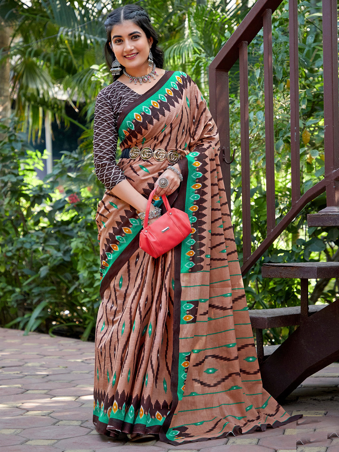 Cotton Brown Printed Designer Saree With Blouse