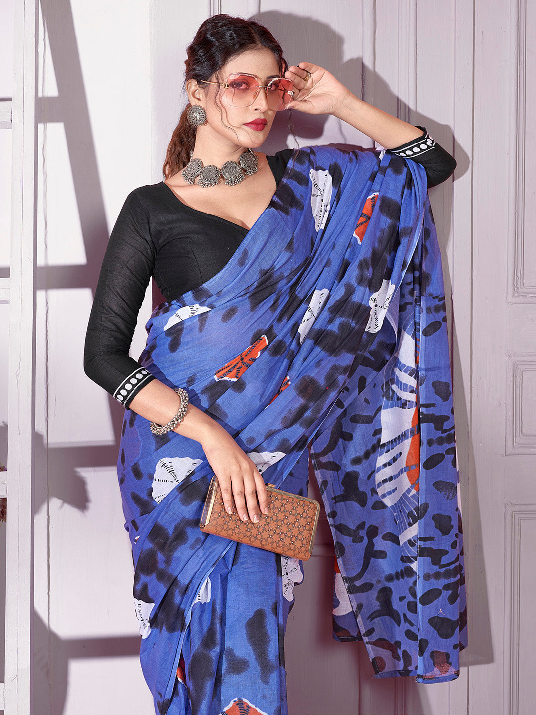 Cotton Blue Printed Designer Saree With Blouse