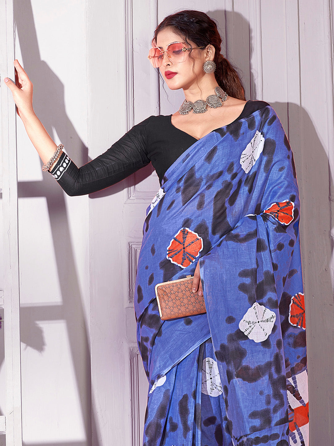 Cotton Blue Printed Designer Saree With Blouse