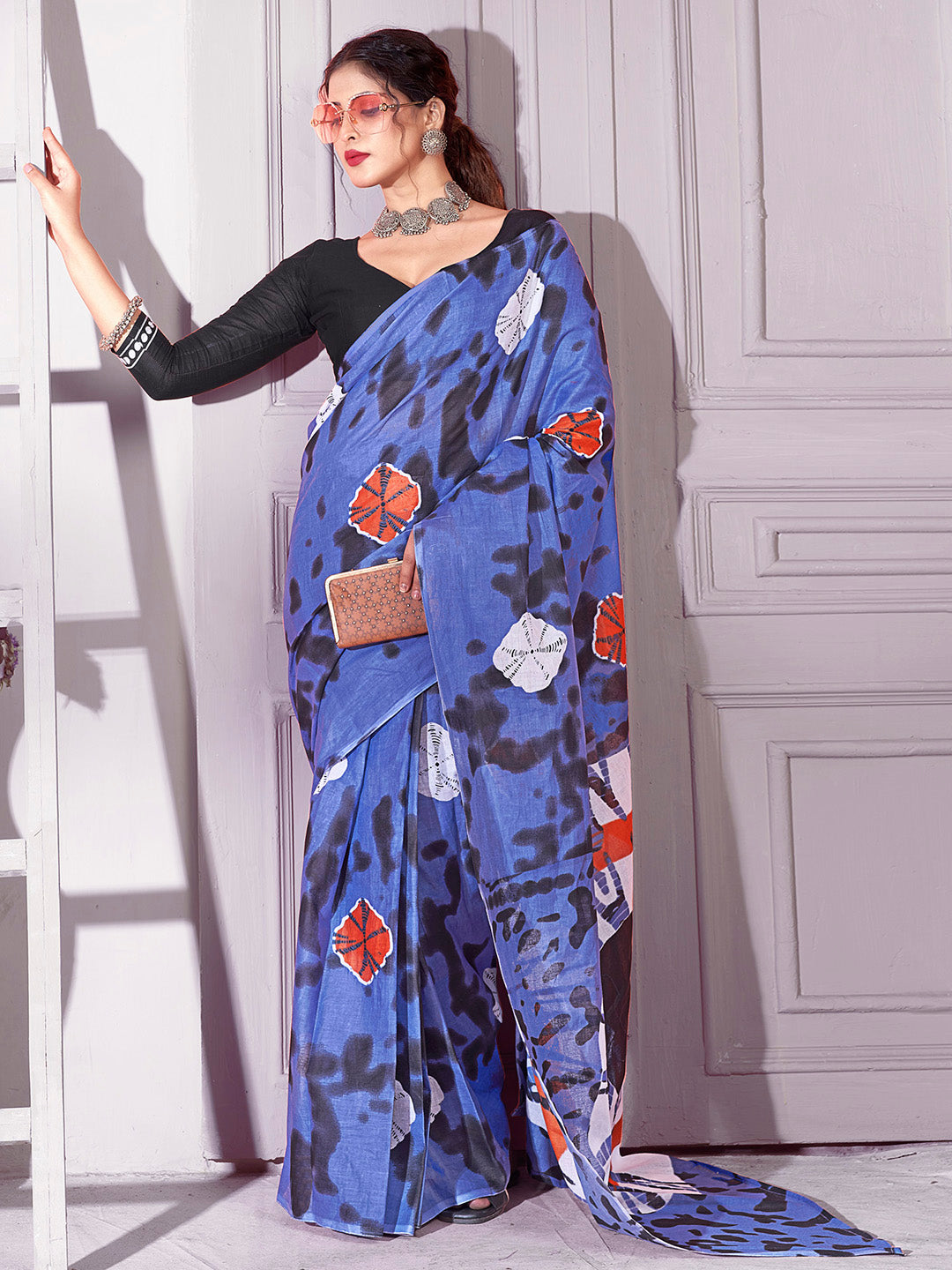 Cotton Blue Printed Designer Saree With Blouse
