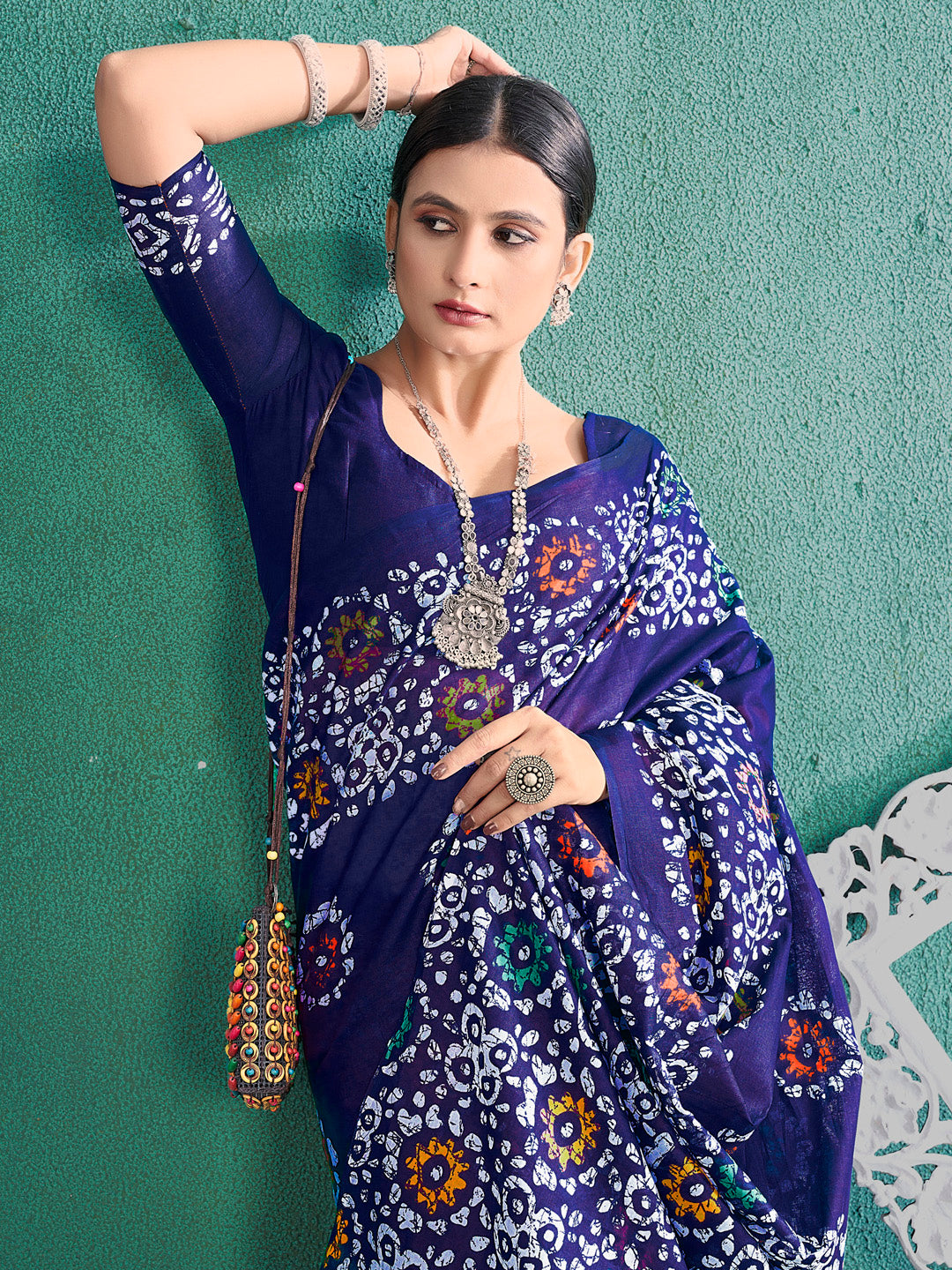 Cotton Navy Blue Printed Designer Saree With Blouse
