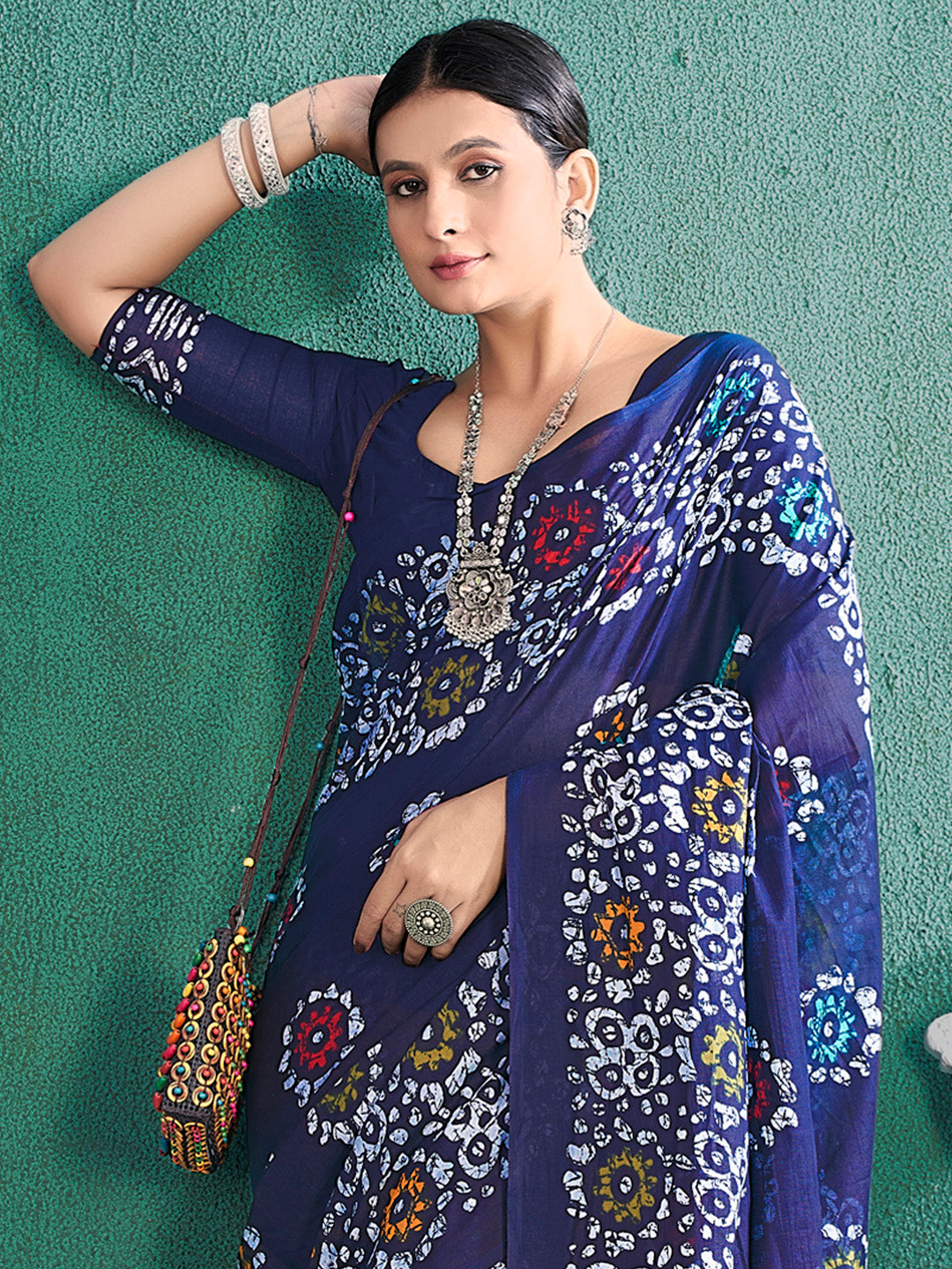 Cotton Navy Blue Printed Designer Saree With Blouse