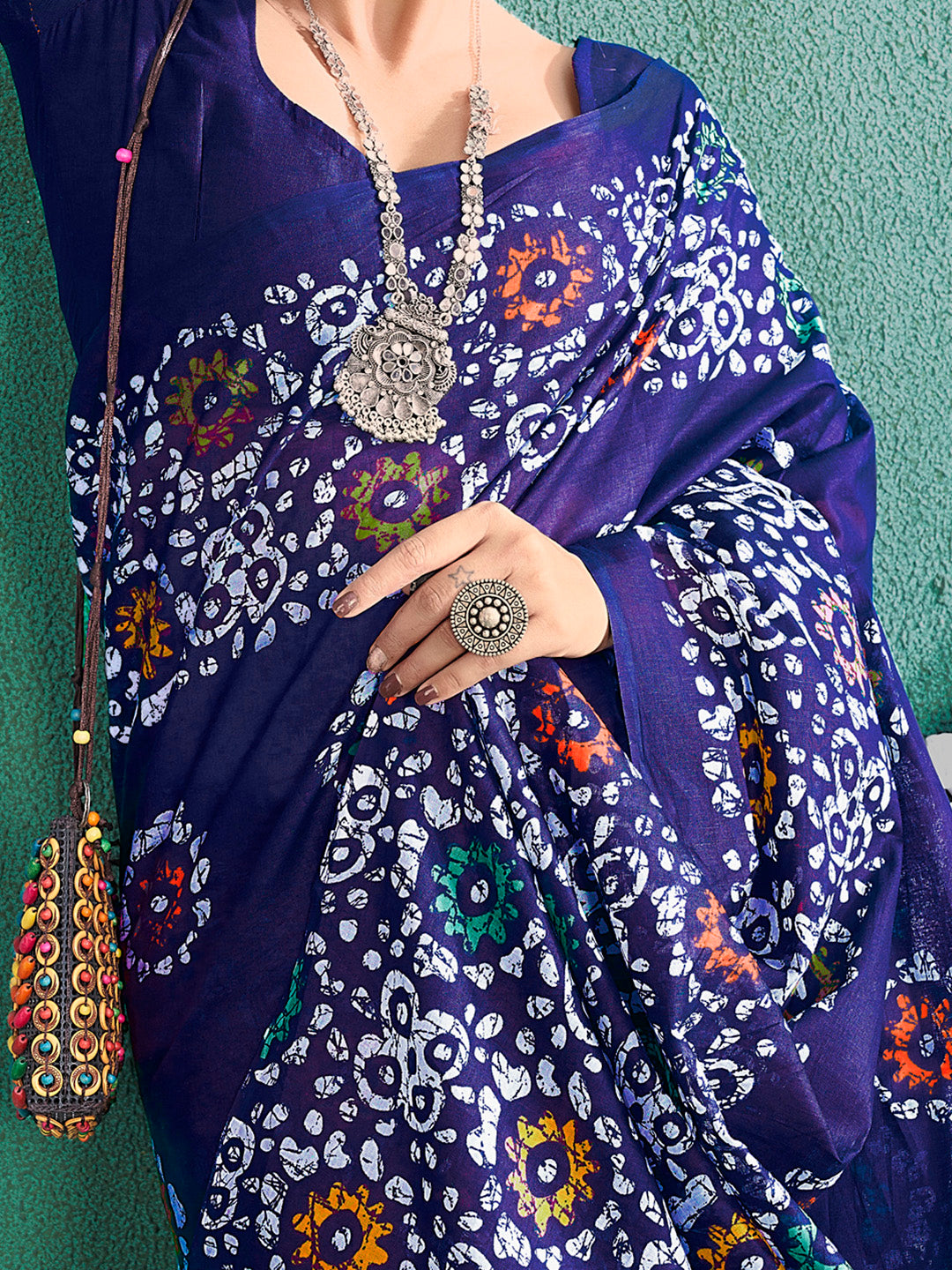 Cotton Navy Blue Printed Designer Saree With Blouse