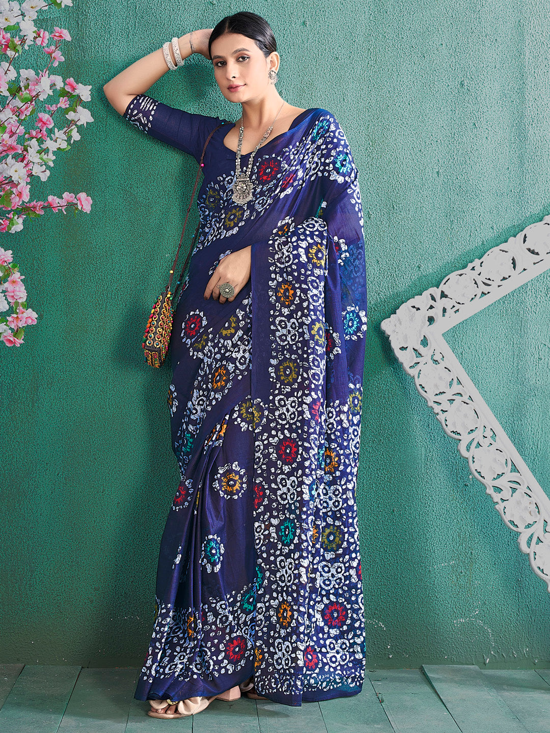 Cotton Navy Blue Printed Designer Saree With Blouse