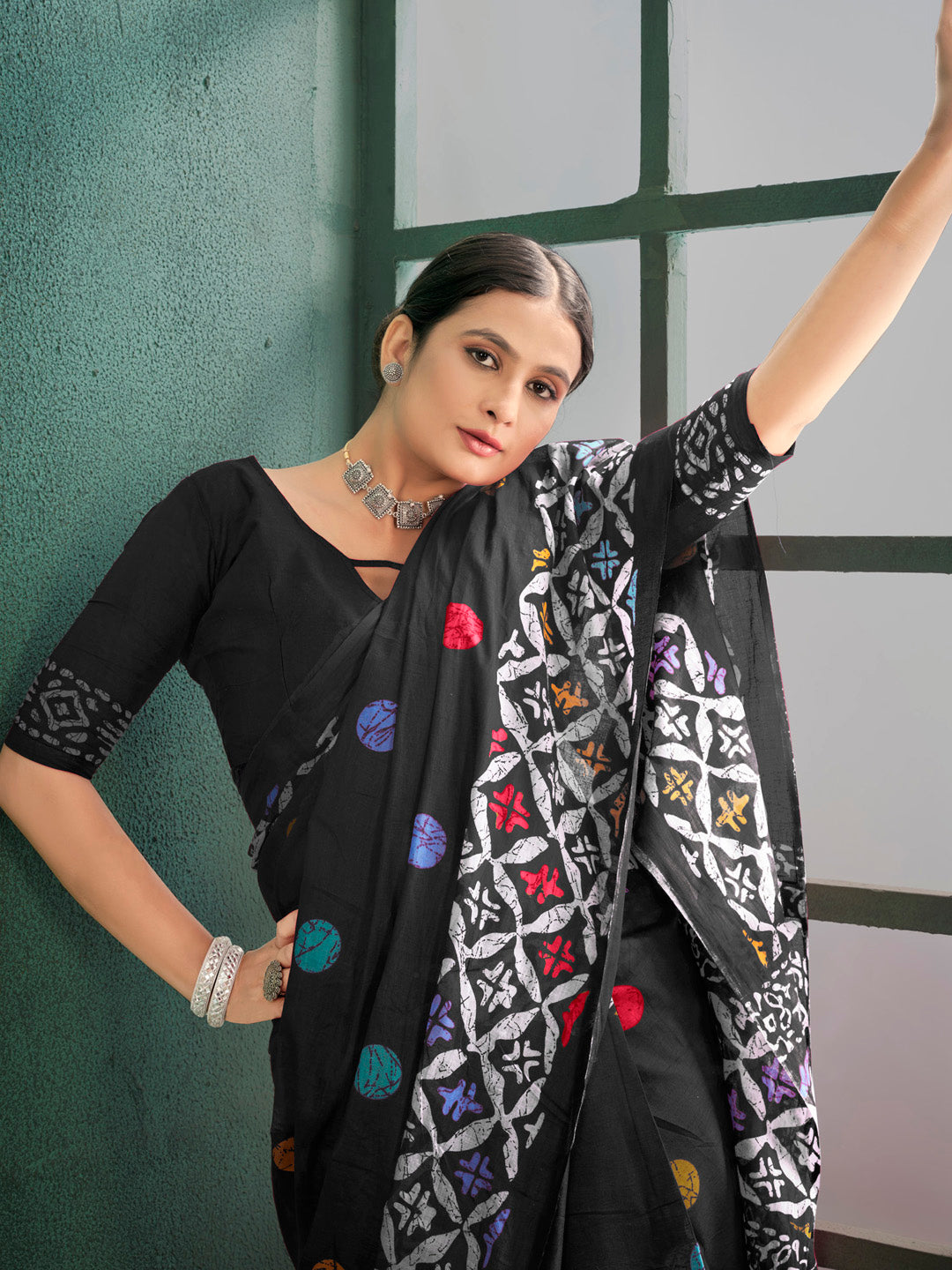 Cotton Black Printed Designer Saree With Blouse