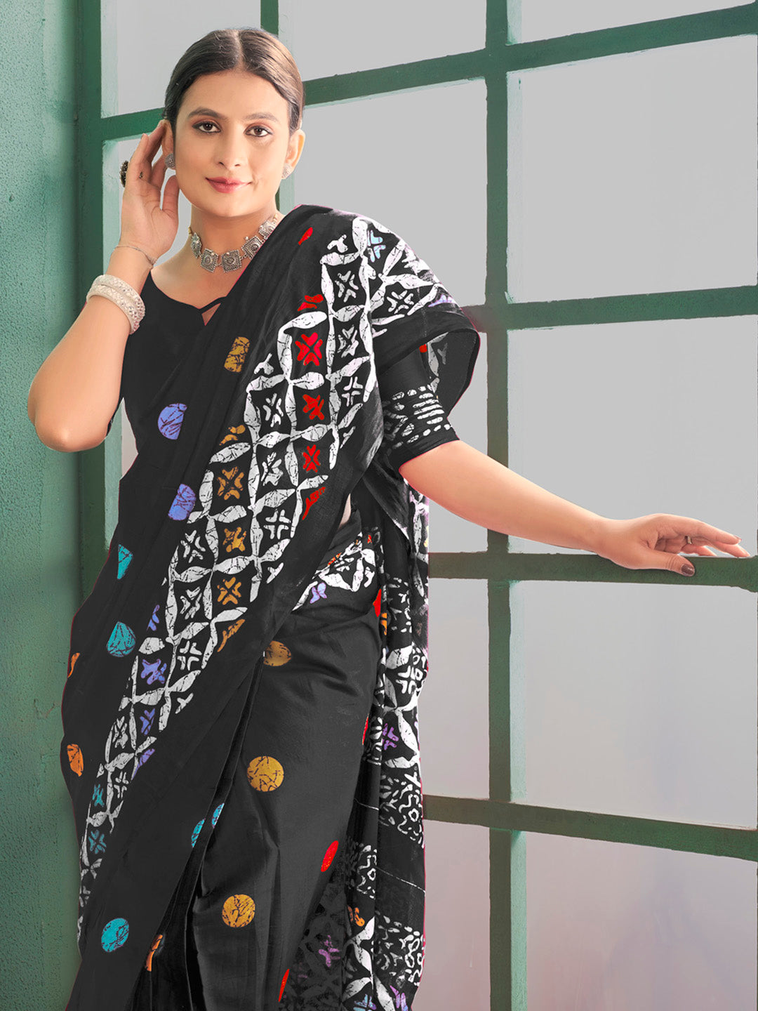 Cotton Black Printed Designer Saree With Blouse