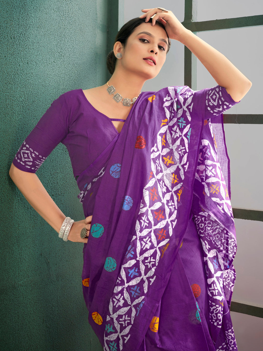 Cotton Purple Printed Designer Saree With Blouse