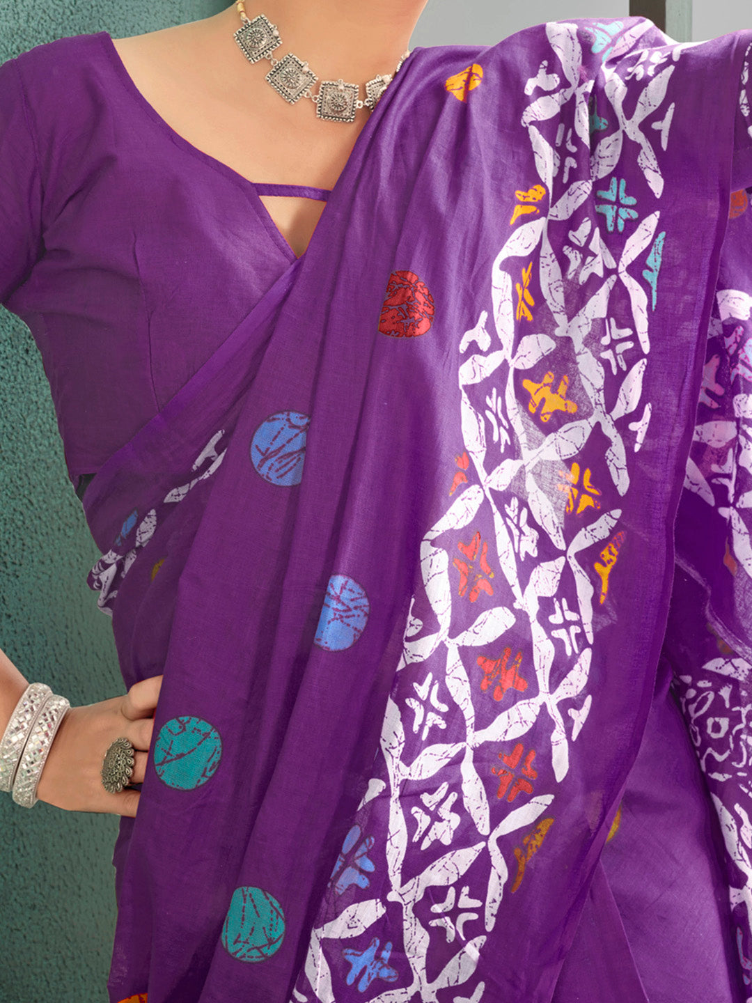 Cotton Purple Printed Designer Saree With Blouse