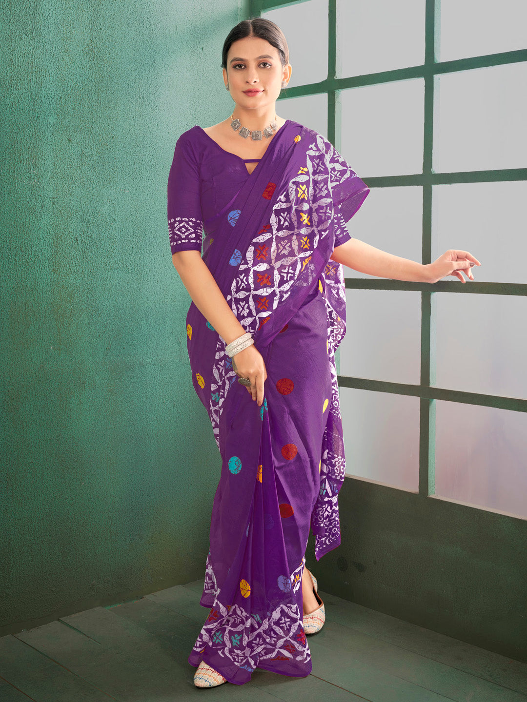 Cotton Purple Printed Designer Saree With Blouse
