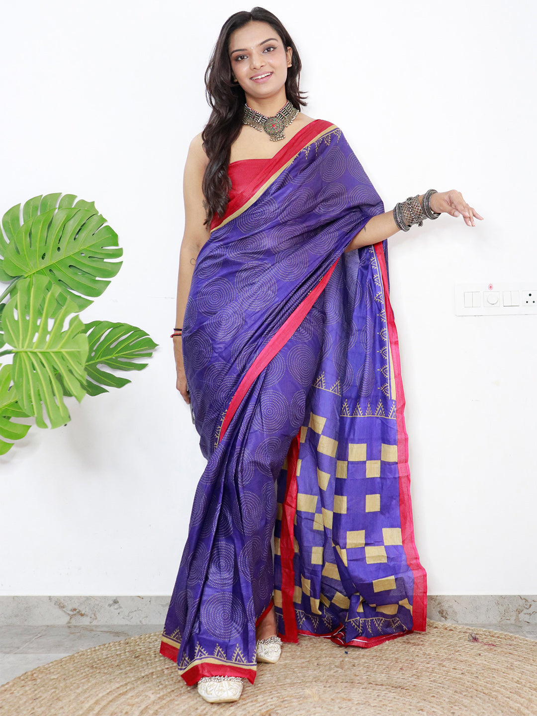 Cotton Purple Printed Designer Saree With Blouse