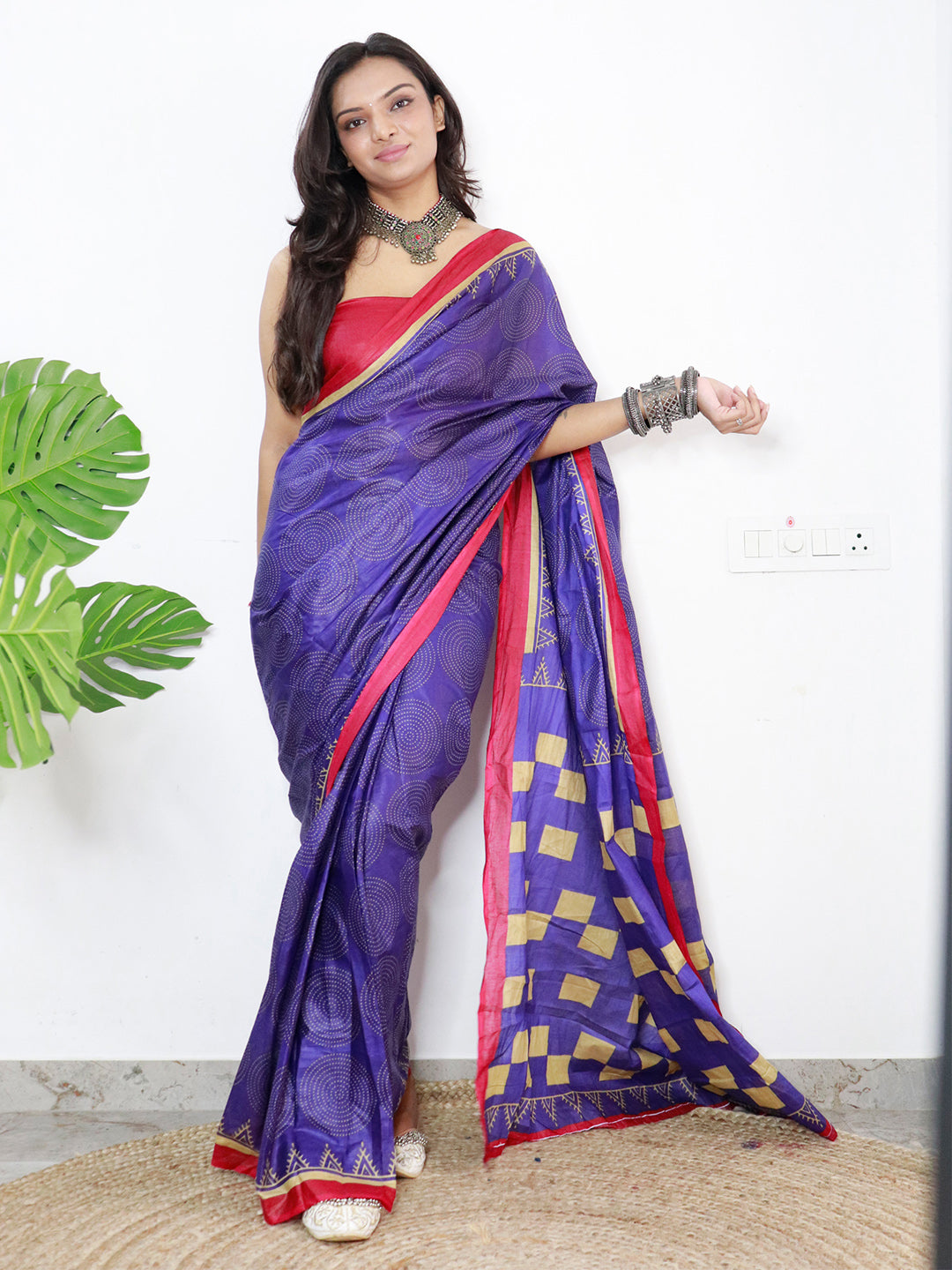 Cotton Purple Printed Designer Saree With Blouse