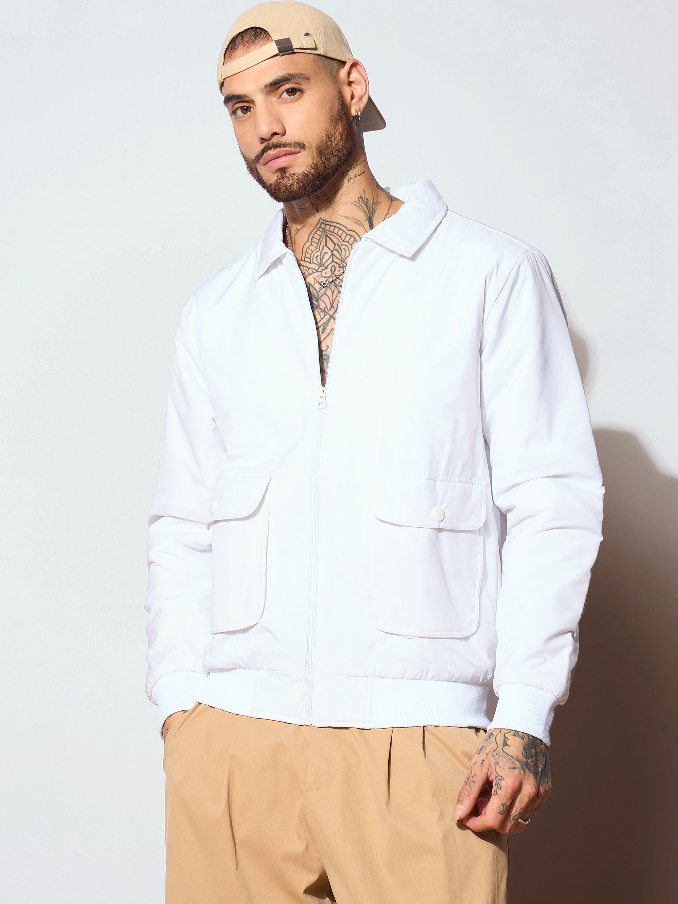 Men White Full Sleeve Front Pocket Jacket