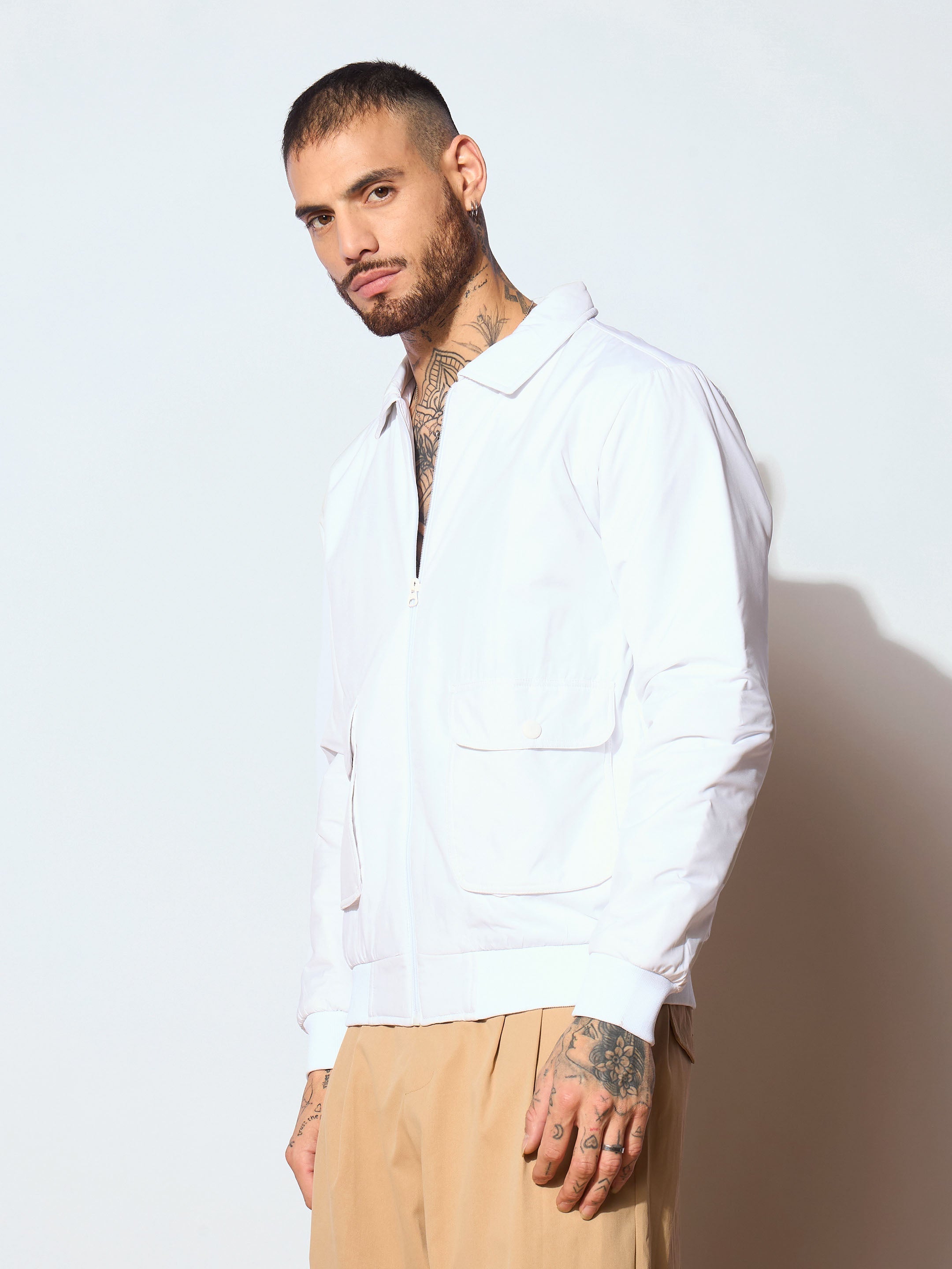 Men White Full Sleeve Front Pocket Jacket