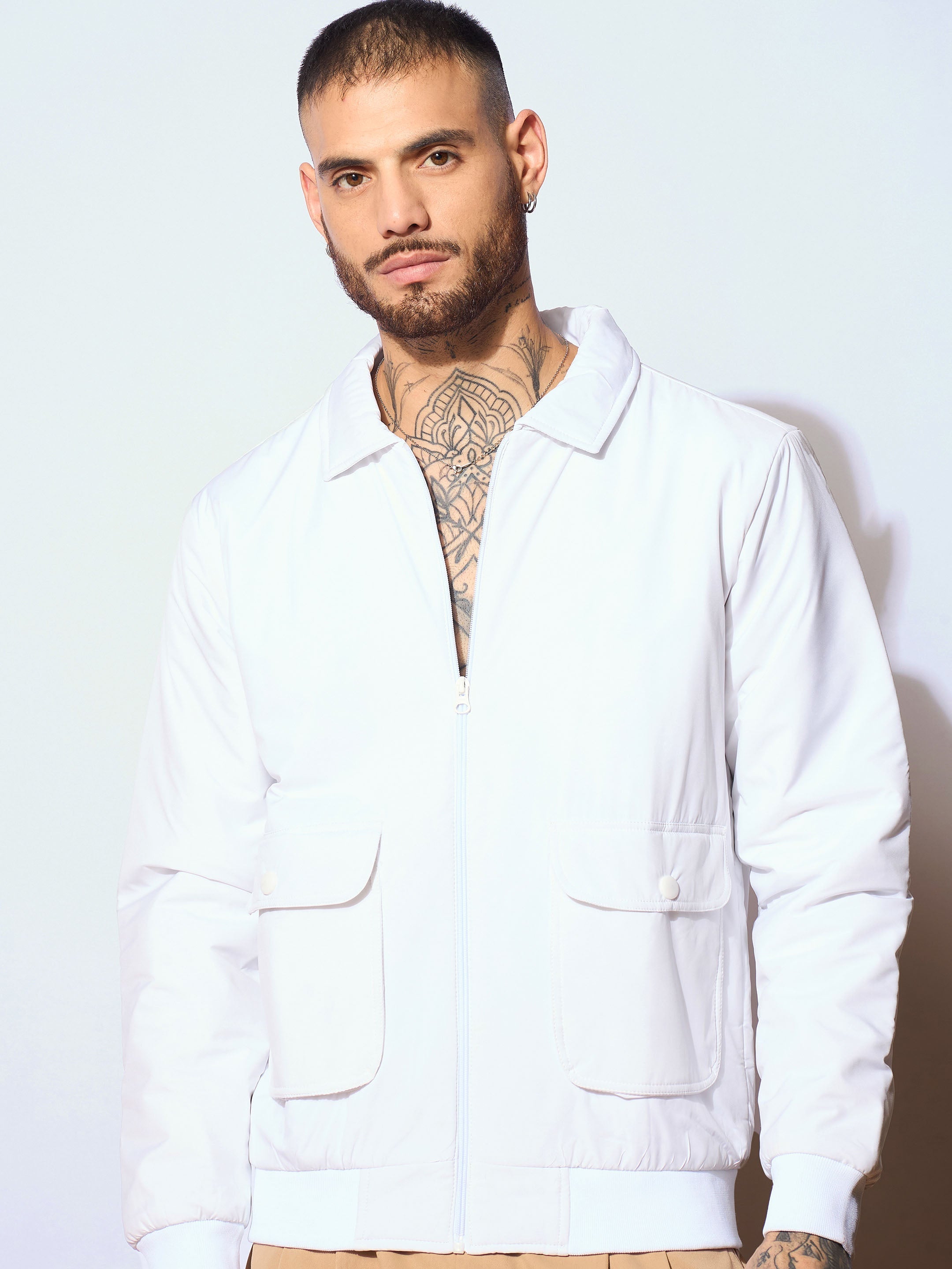 Men White Full Sleeve Front Pocket Jacket