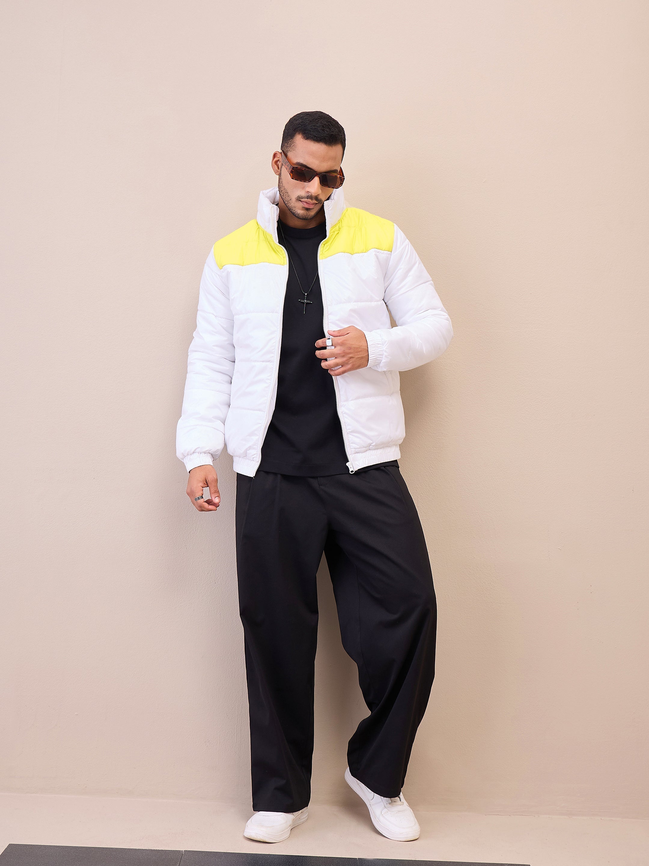 Men White & Yellow Puffer ColorBlock Jacket