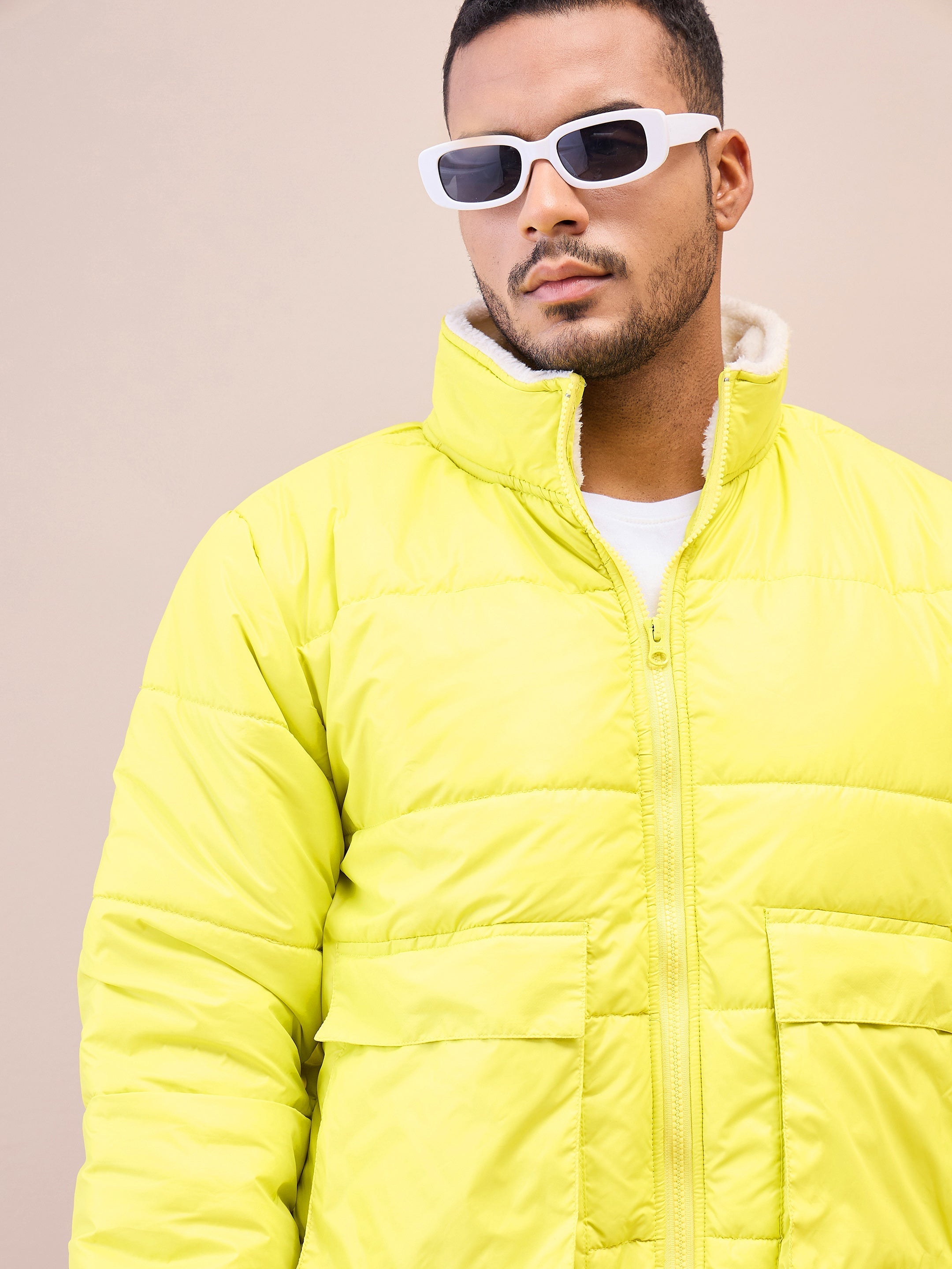 Men Neon Yellow Fur Collar Puffer Jacket