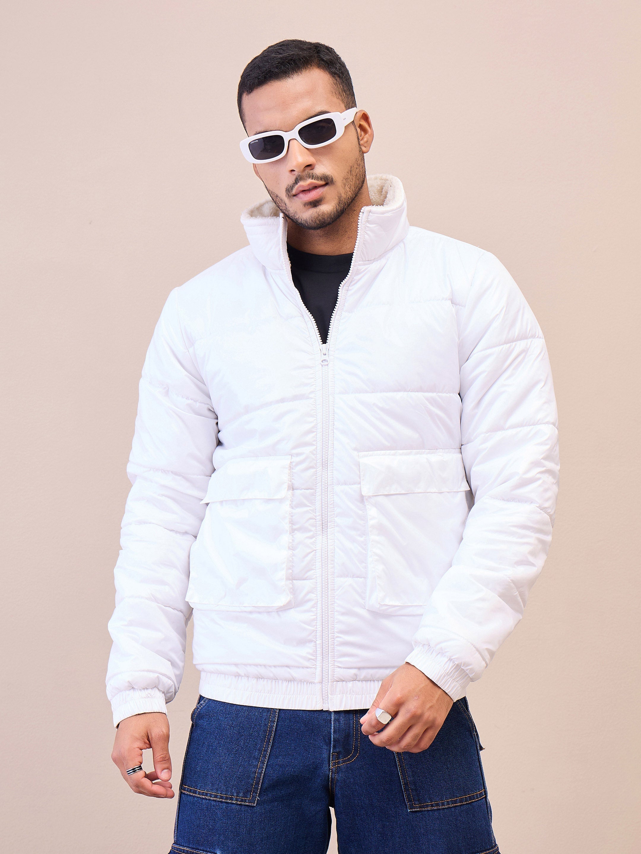 Men White Fur Collar Puffer Jacket