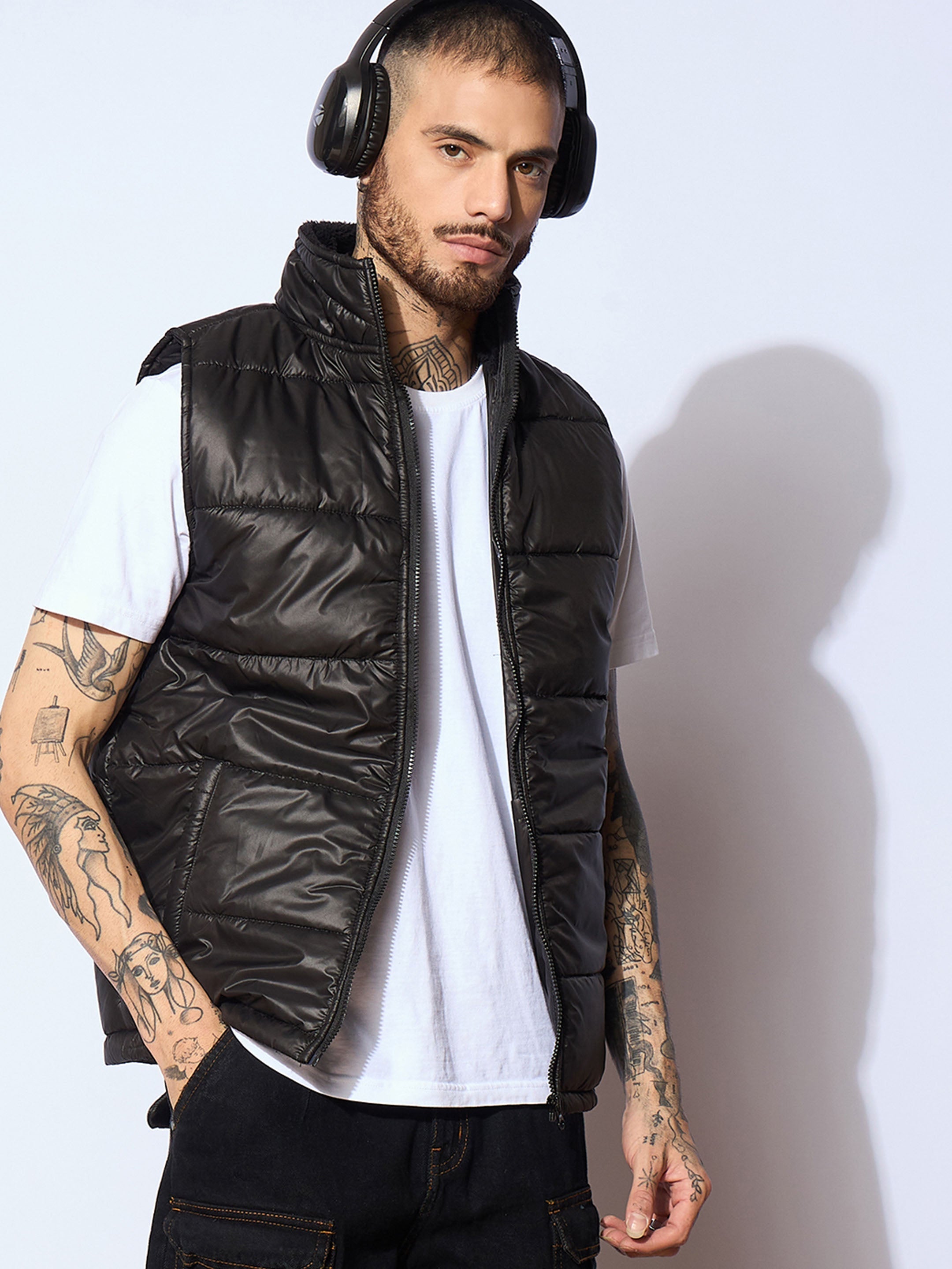 Men Black Fur Collar Puffer Sleeveless Jacket