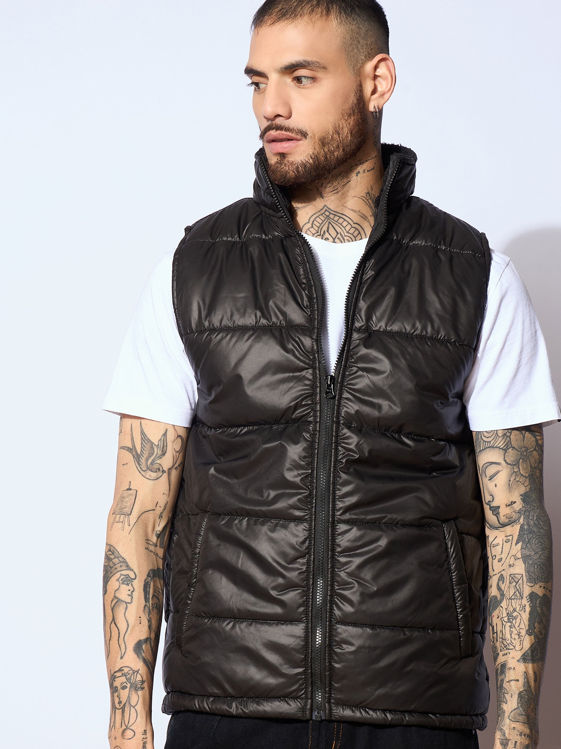 Men Black Fur Collar Puffer Sleeveless Jacket