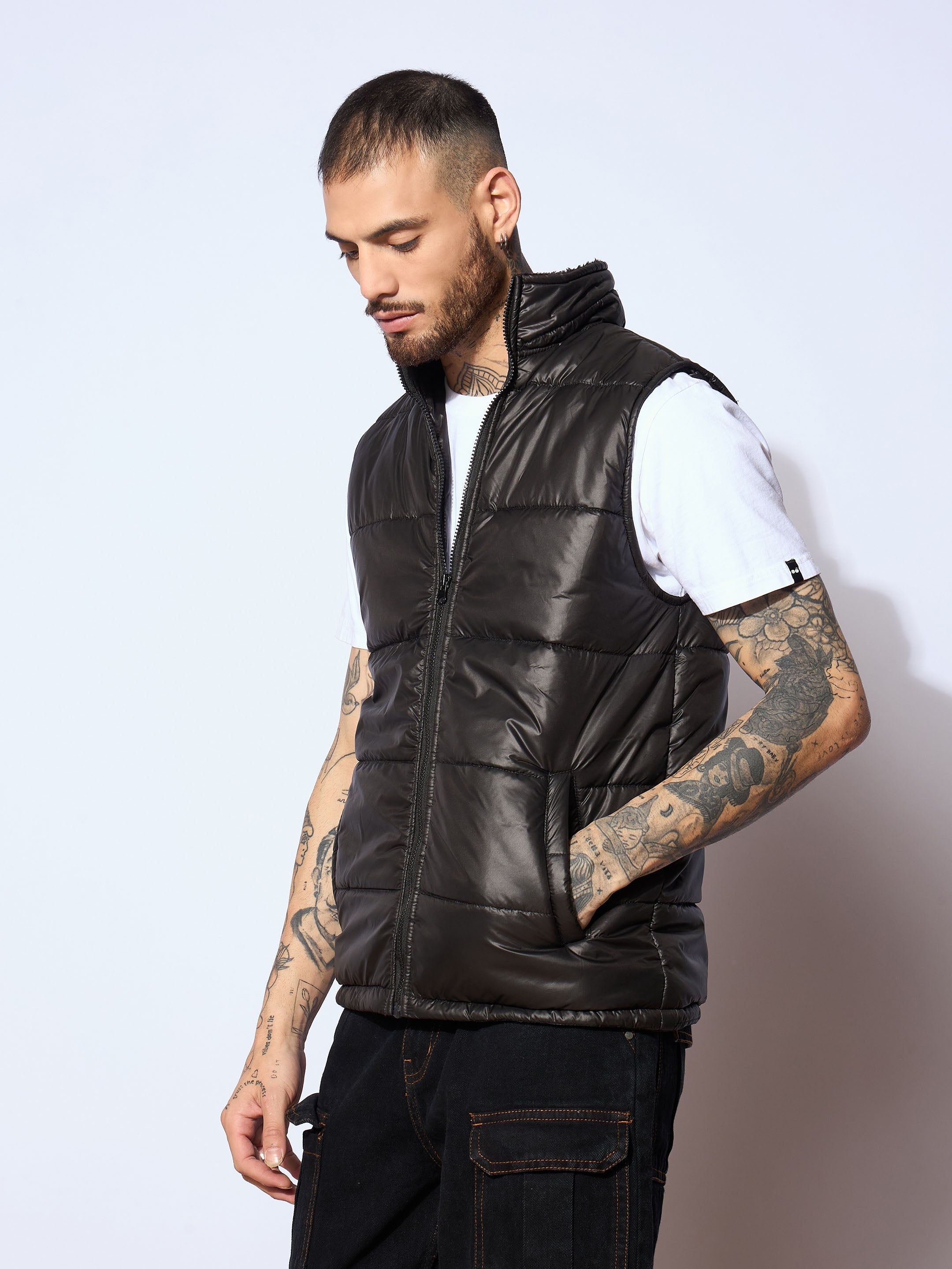 Men Black Fur Collar Puffer Sleeveless Jacket