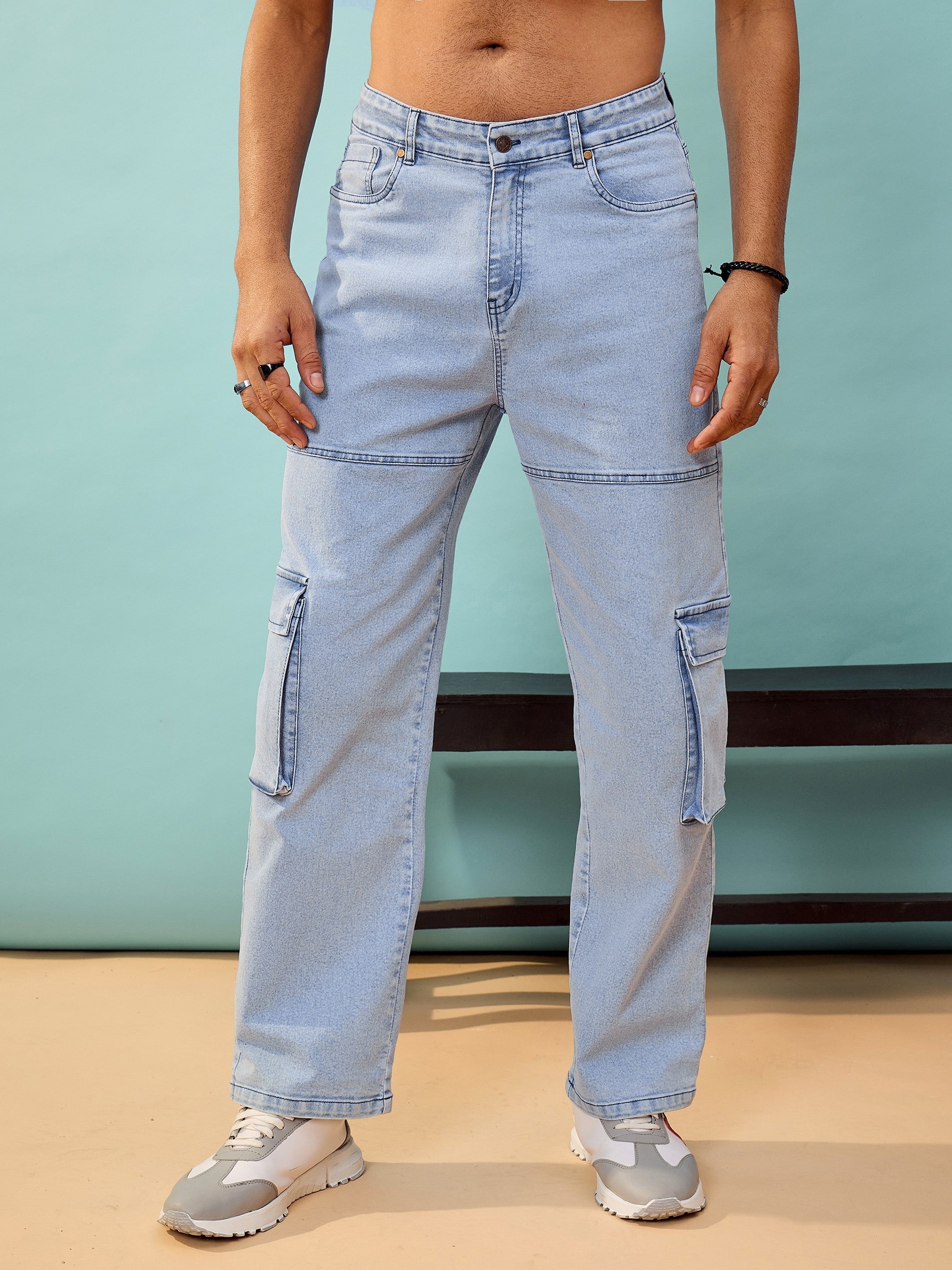 Men Blue Washed Cargo Pocket Oversize Jeans