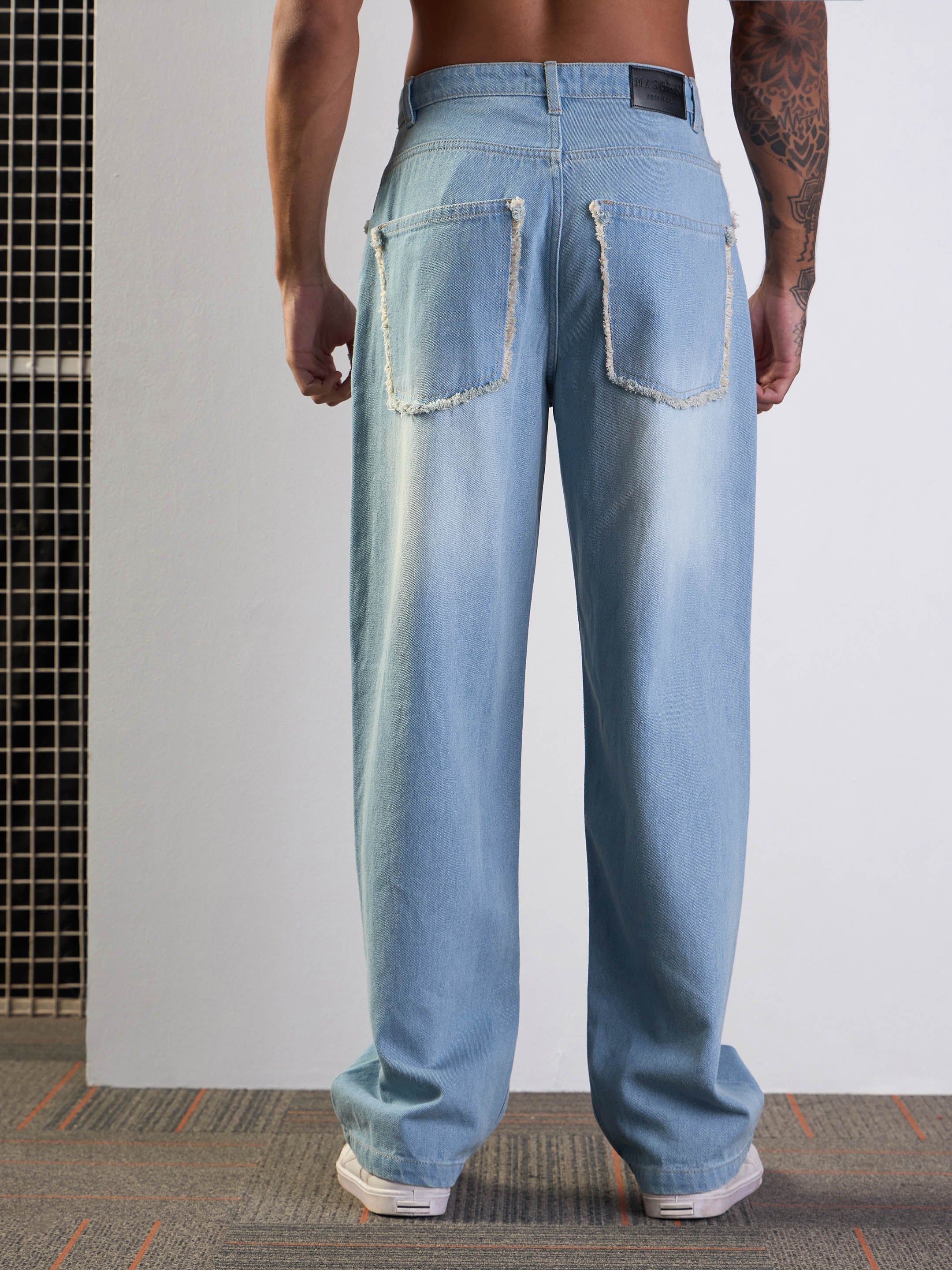 Men Light Blue Washed Baggy Jeans