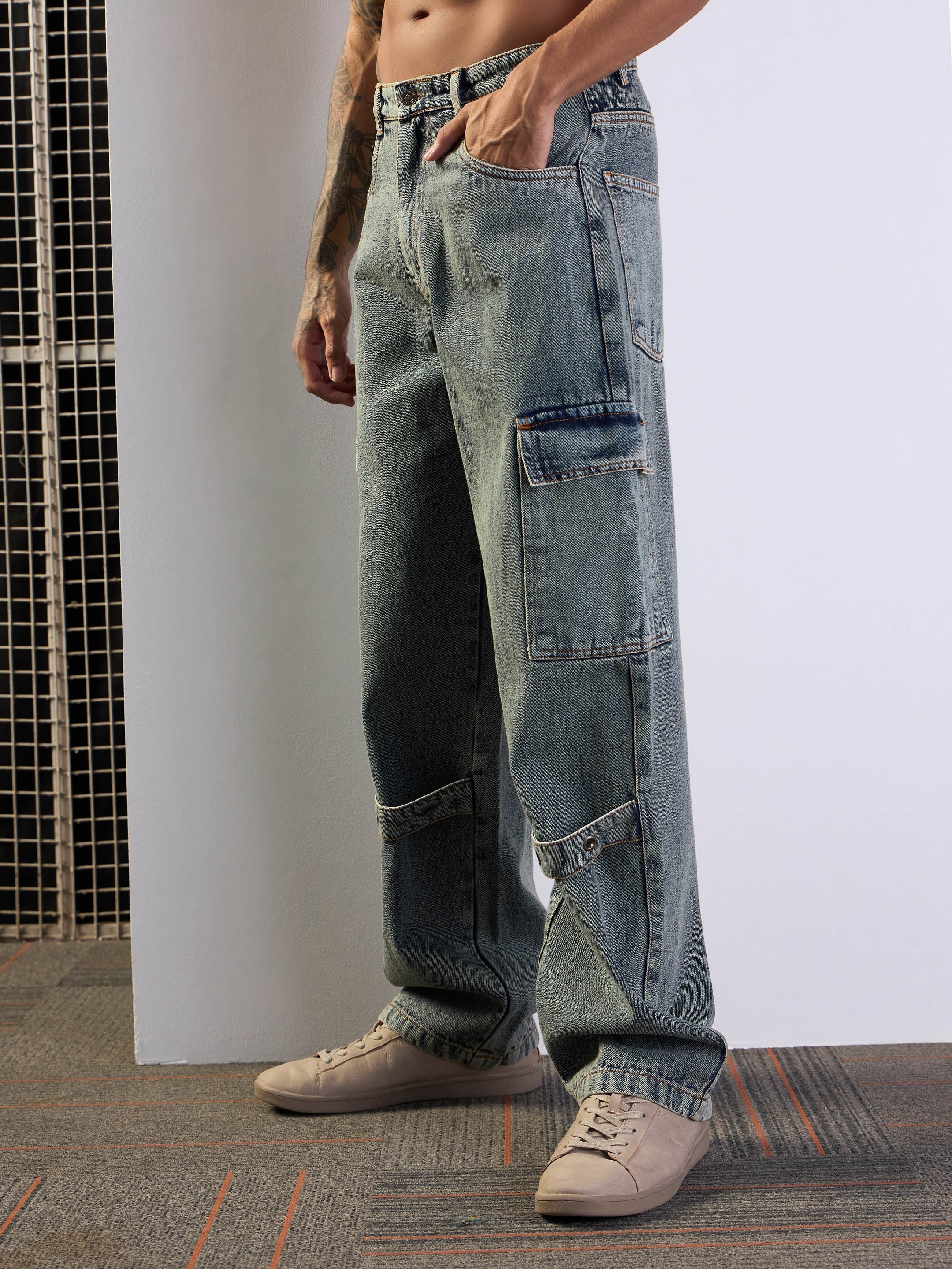 Men Yellow Washed Baggy Cargo Jeans