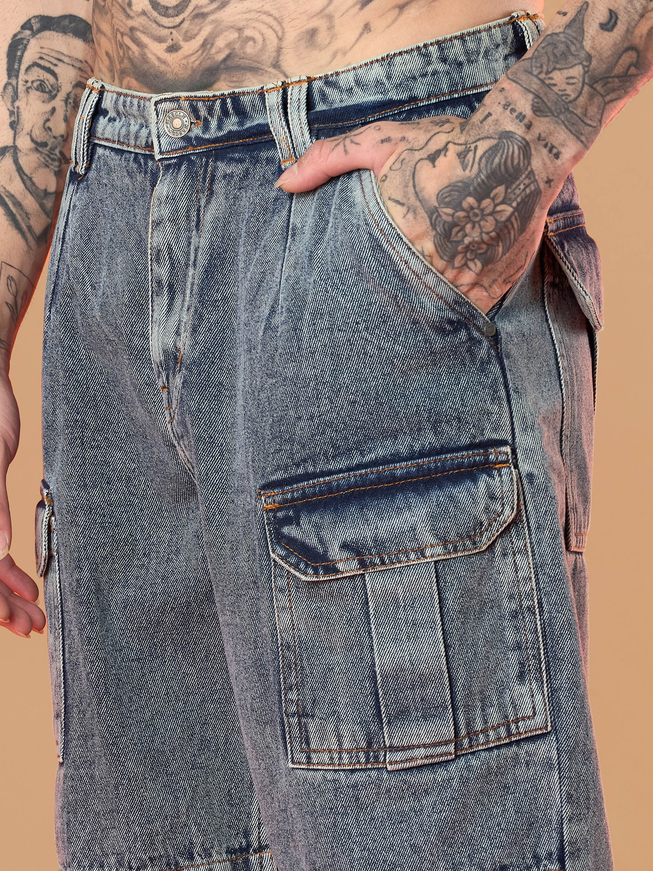 Men Blue Washed Side Pocket Baggy Cargo Jeans