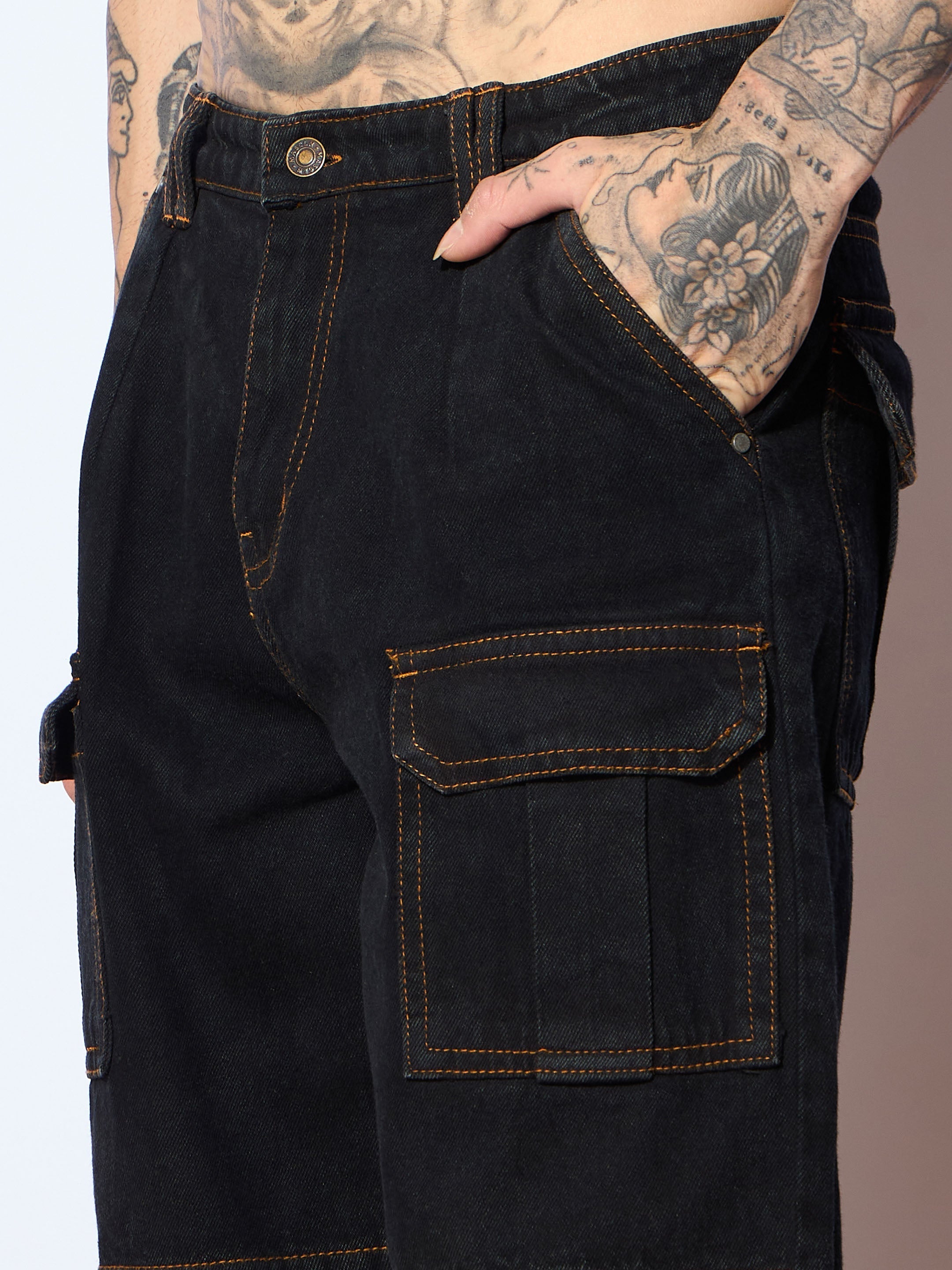 Men Black Side Pocket Baggy Cargo Jeans