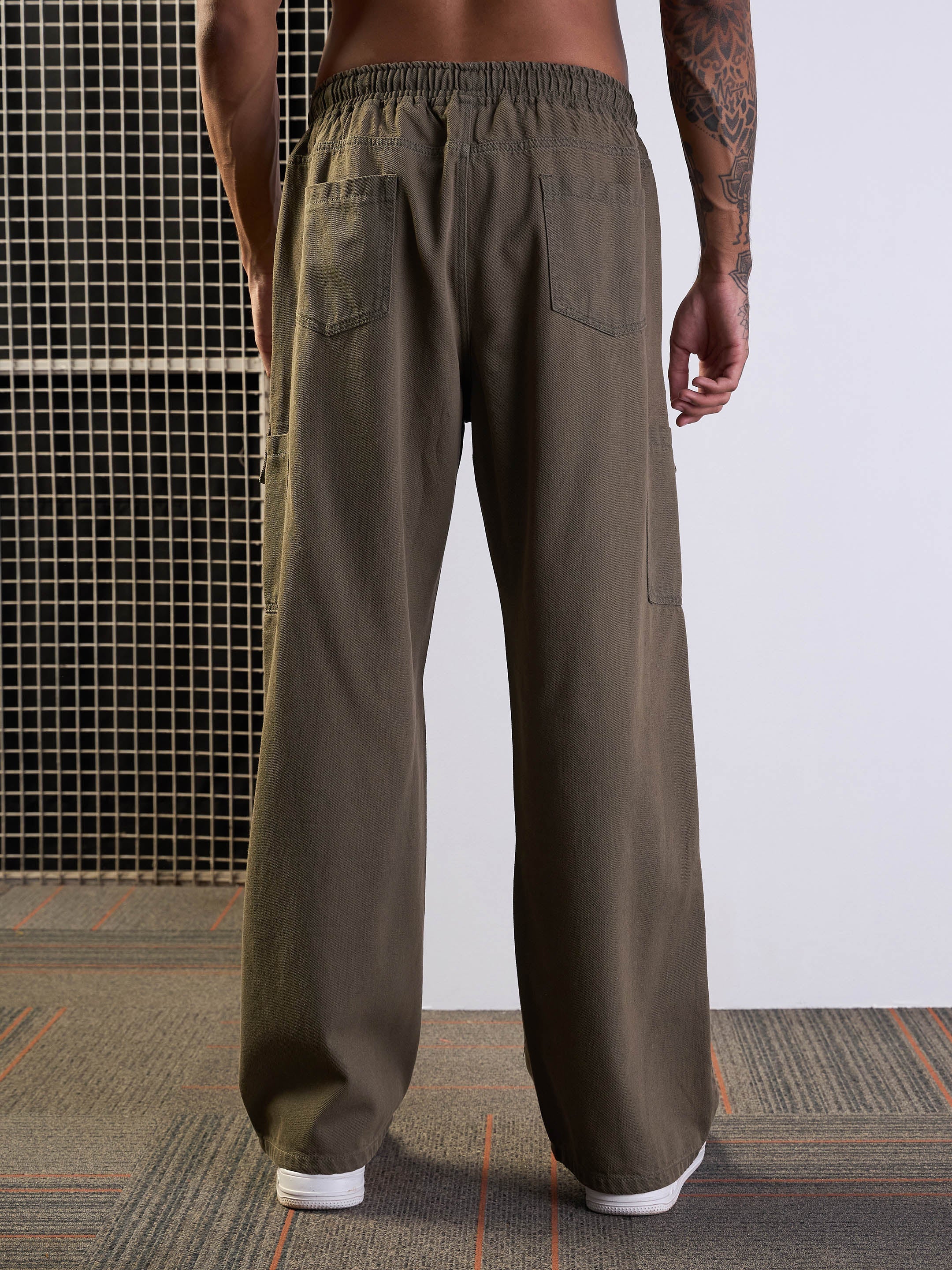 Men Khaki Front Detail Baggy Cargo Jeans