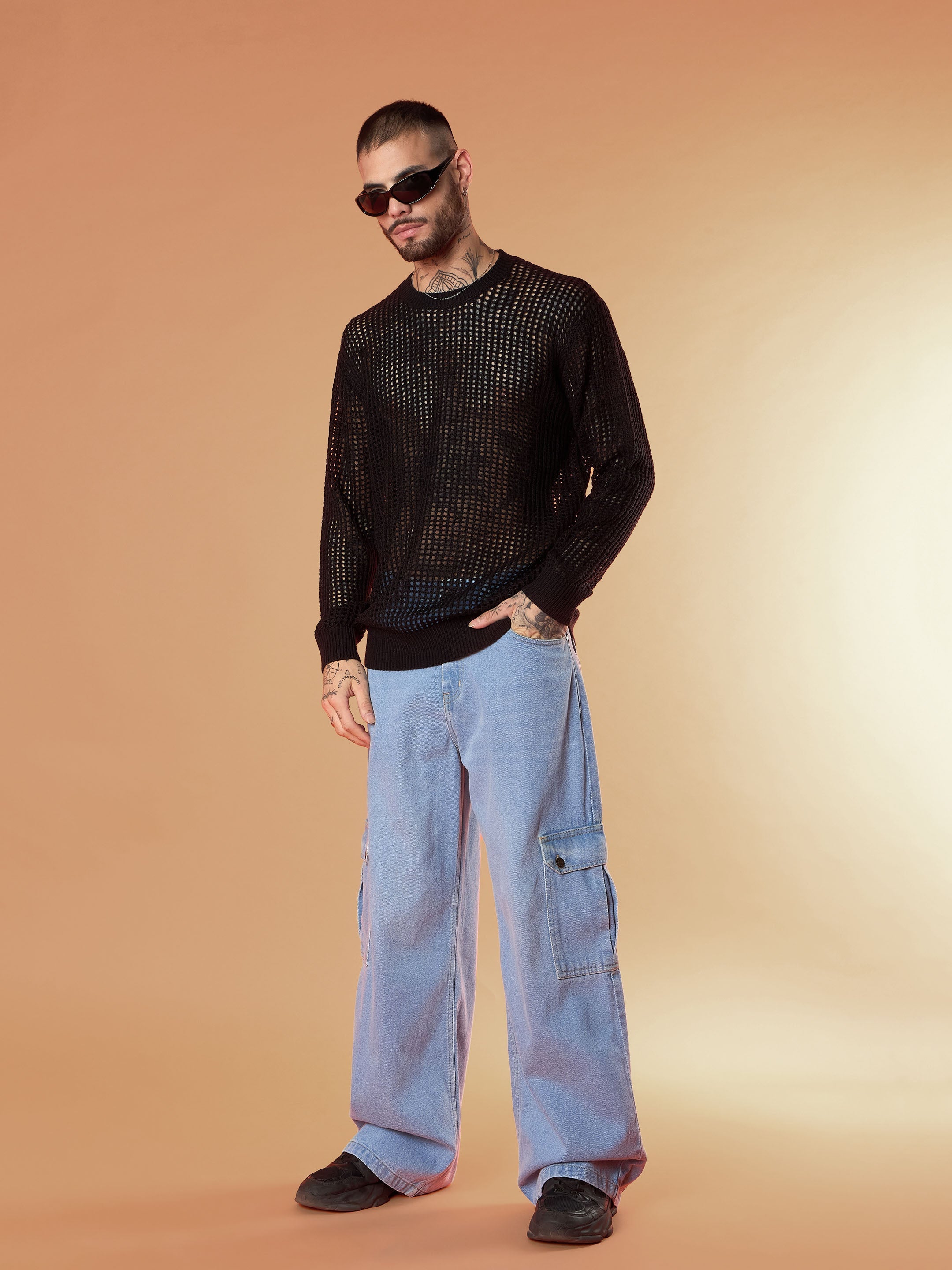 Men Light Blue Wide Leg Cargo Jeans