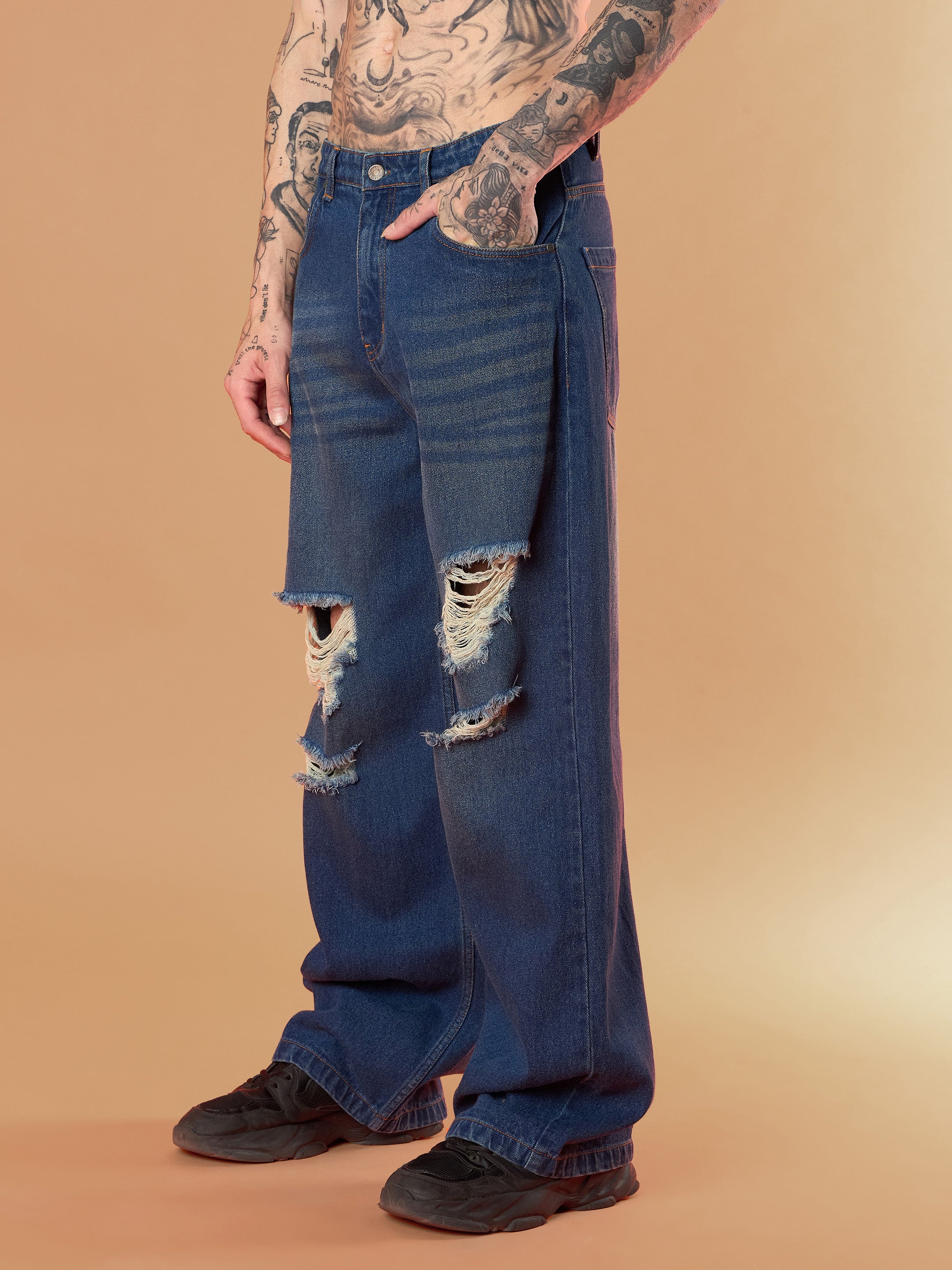 Men Blue Washed Front Distressed Wide Leg Jeans