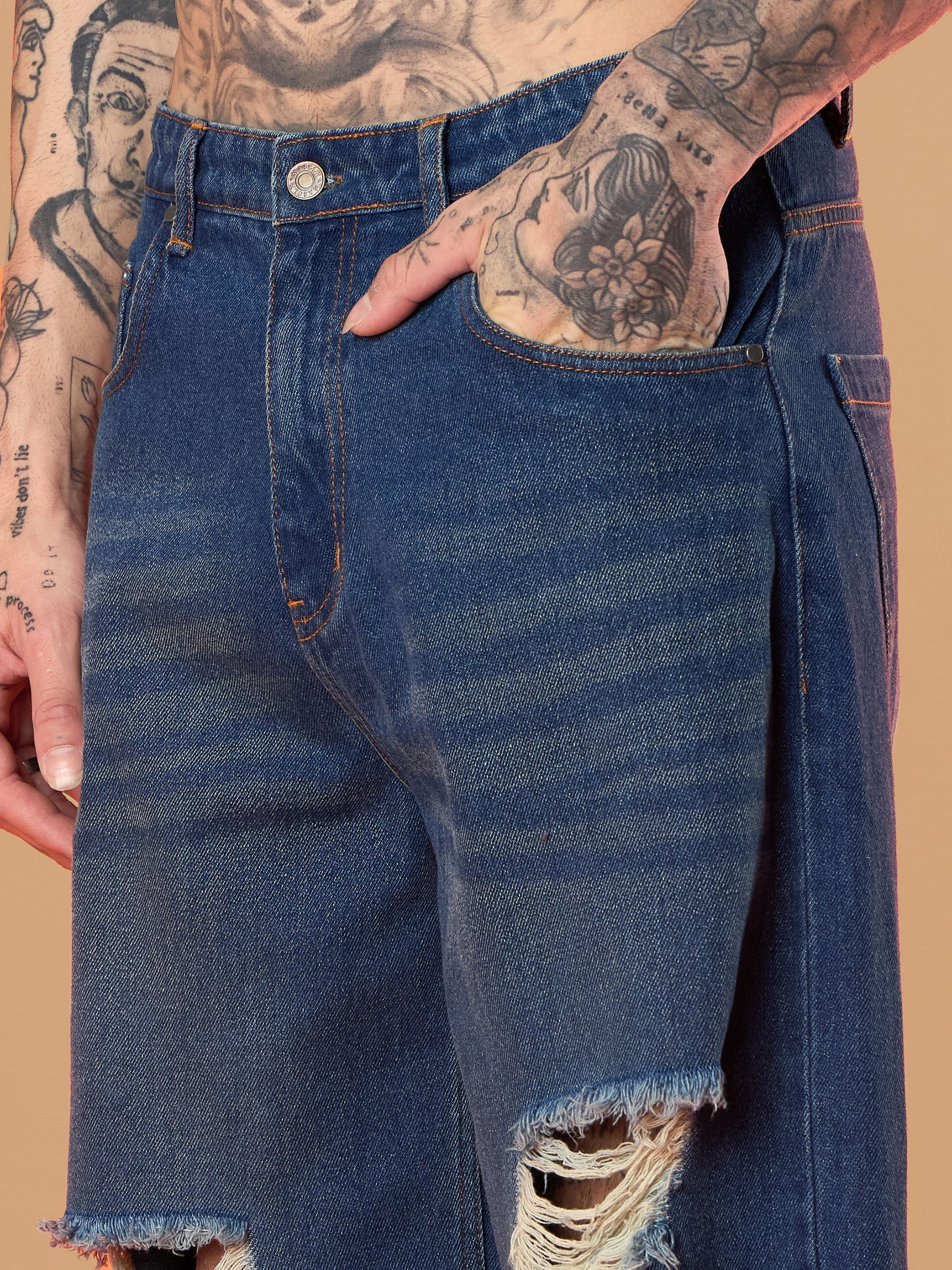 Men Blue Washed Front Distressed Wide Leg Jeans