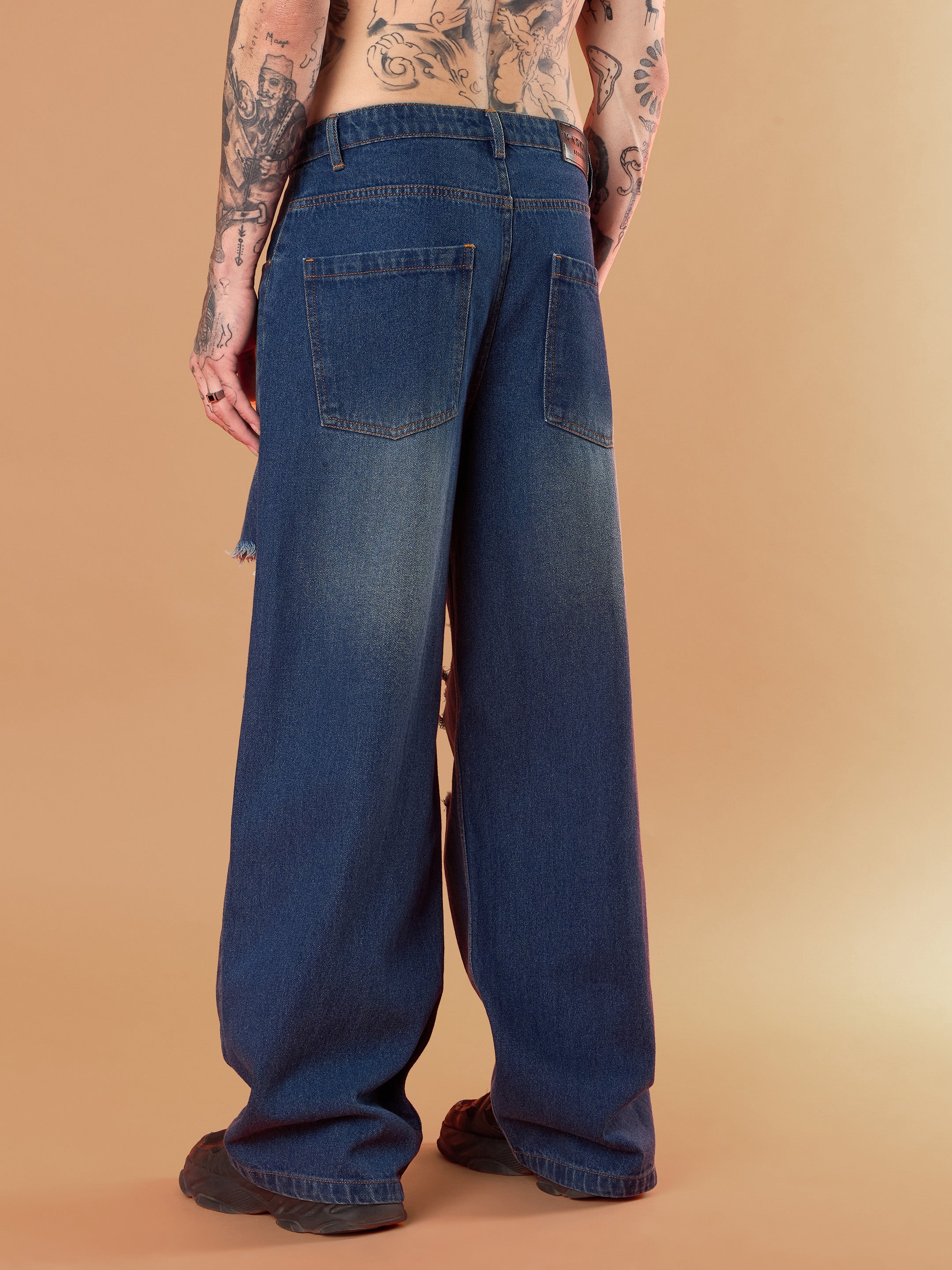 Men Blue Washed Front Distressed Wide Leg Jeans