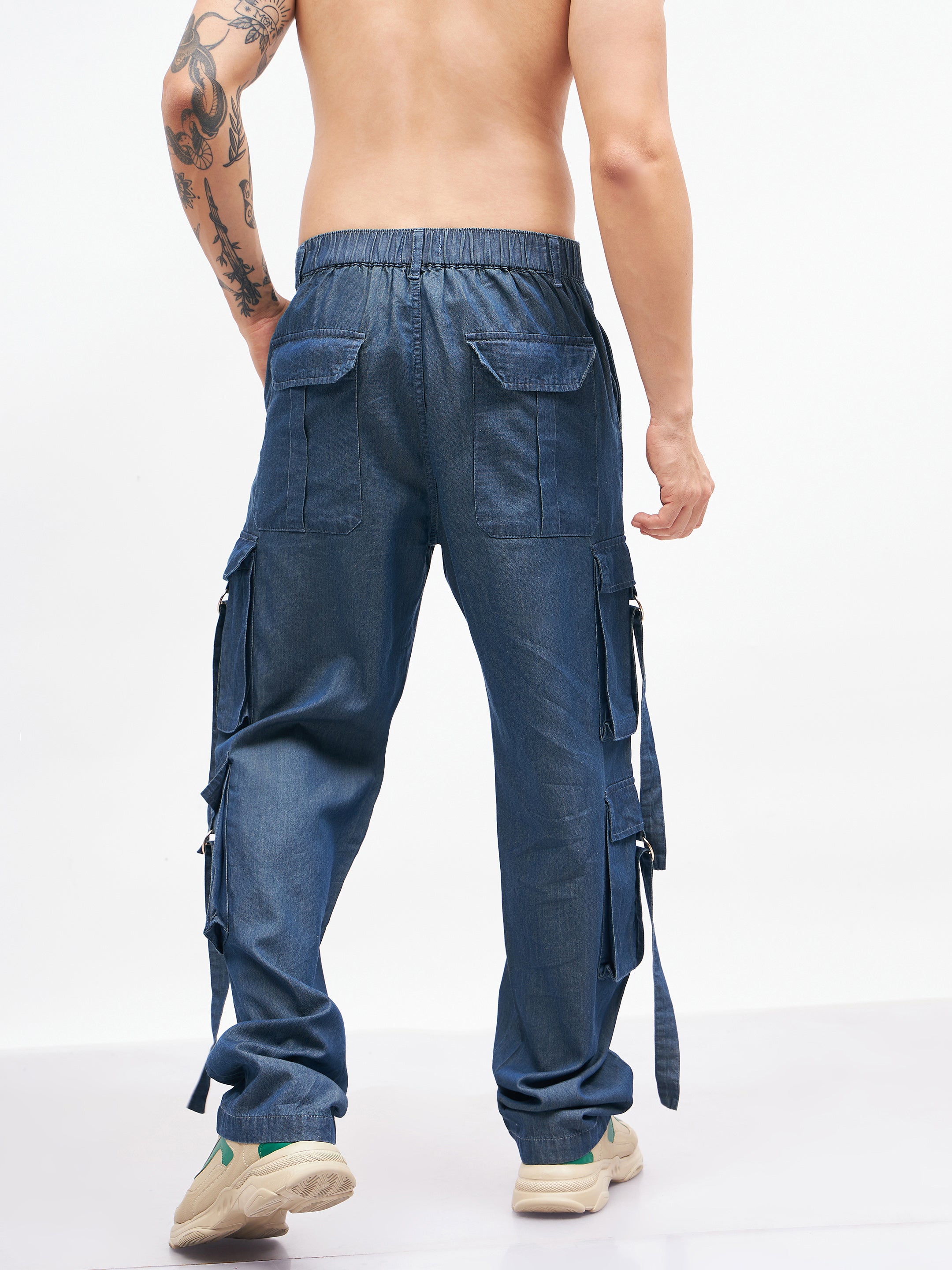 Men Blue Tencel Side Pocket Pants