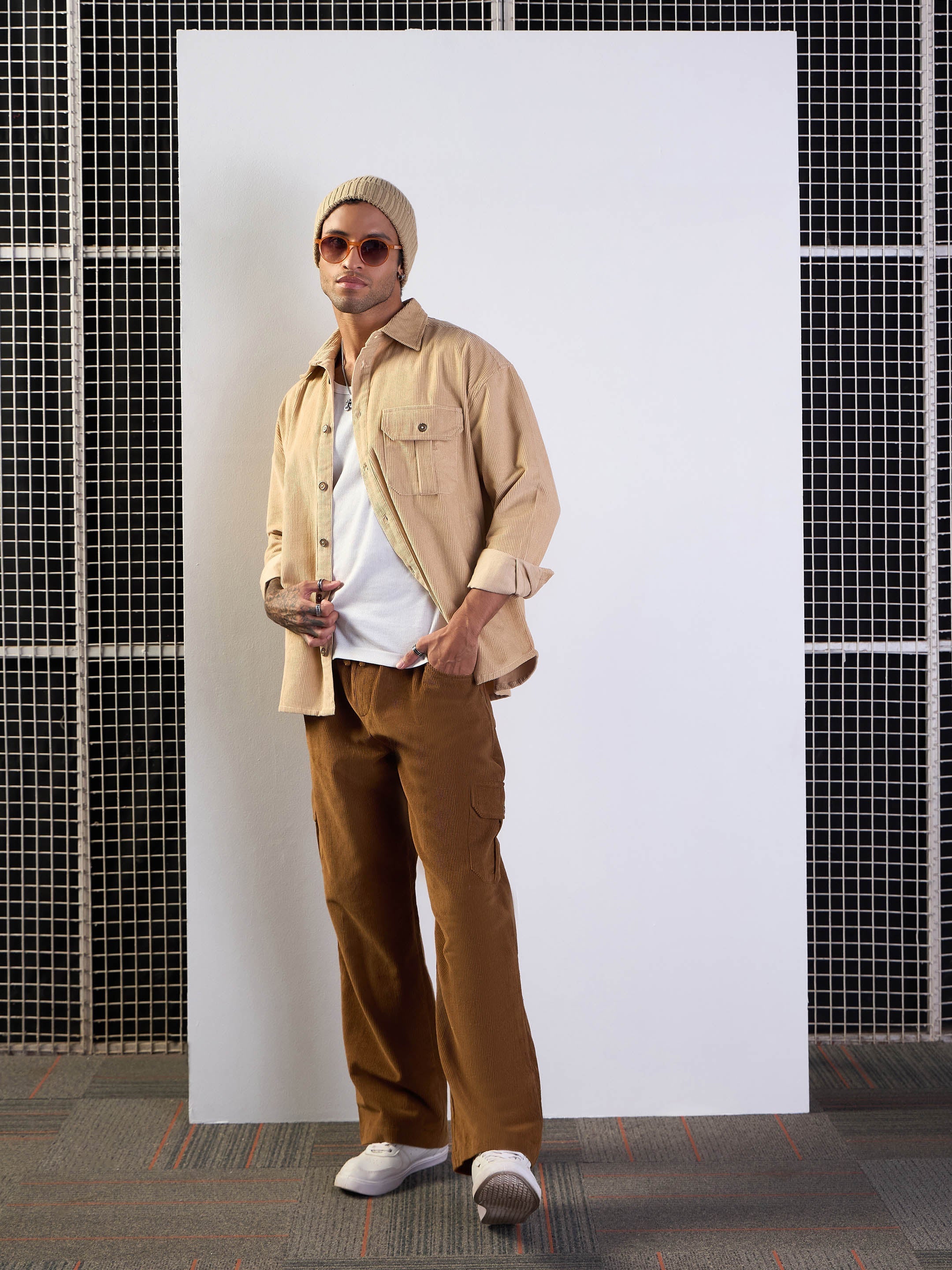 Men Brown Corduroy Side Pocket Cargo Pants