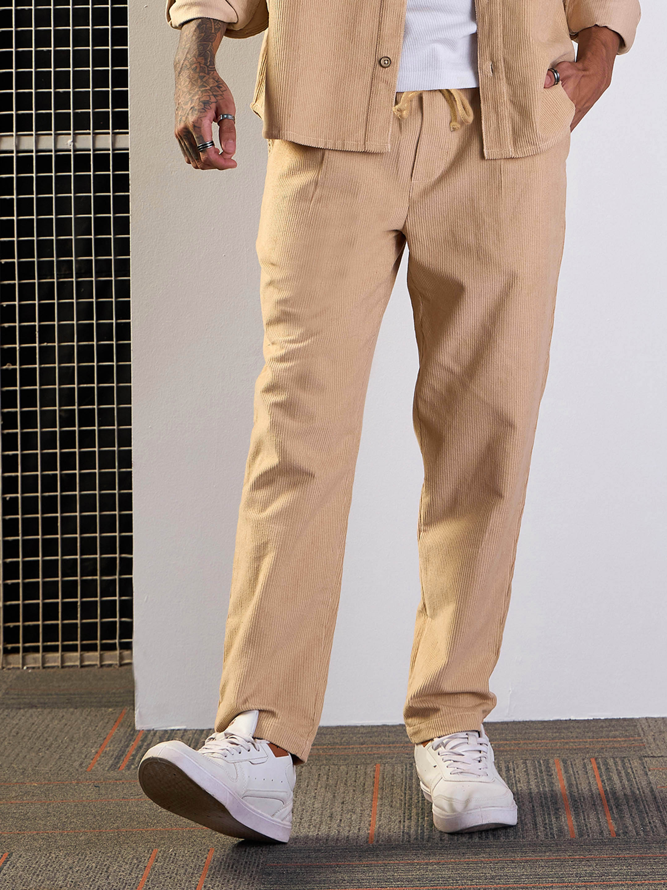 Men Beige Corduroy Elasticated Pants