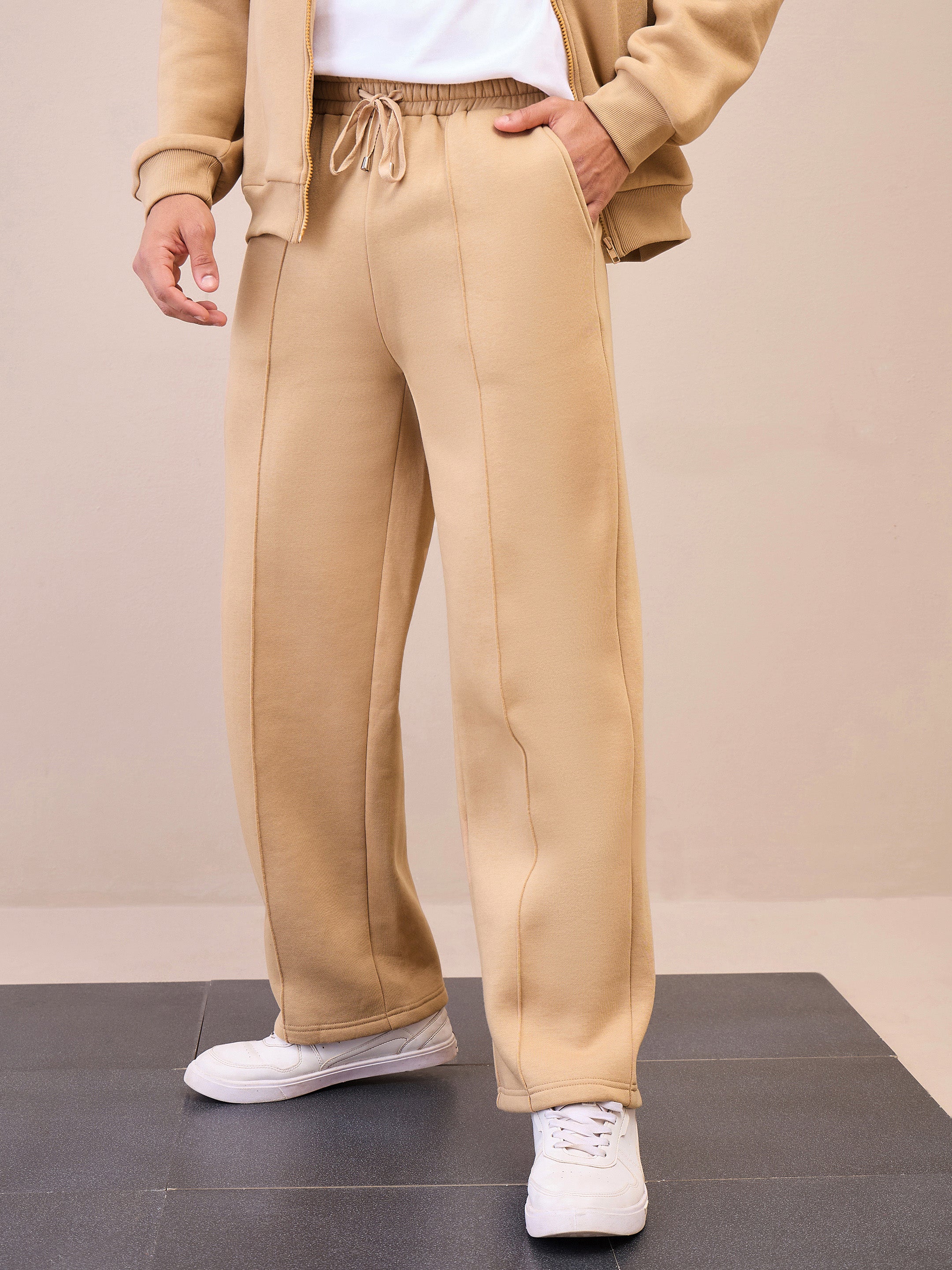 Men Beige Pintuck Oversize Sweatpants