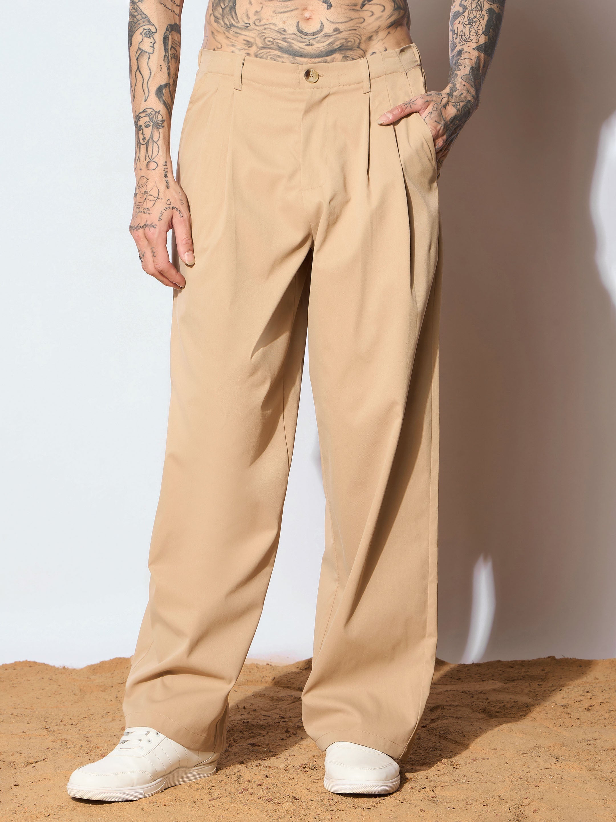 Men Beige Front Pleated Korean Pants