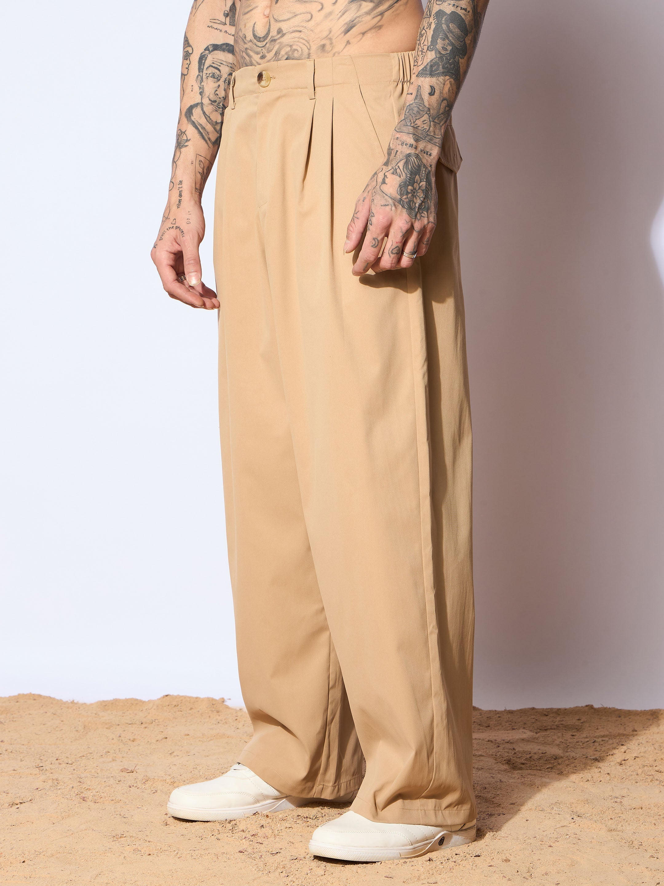 Men Beige Front Pleated Korean Pants