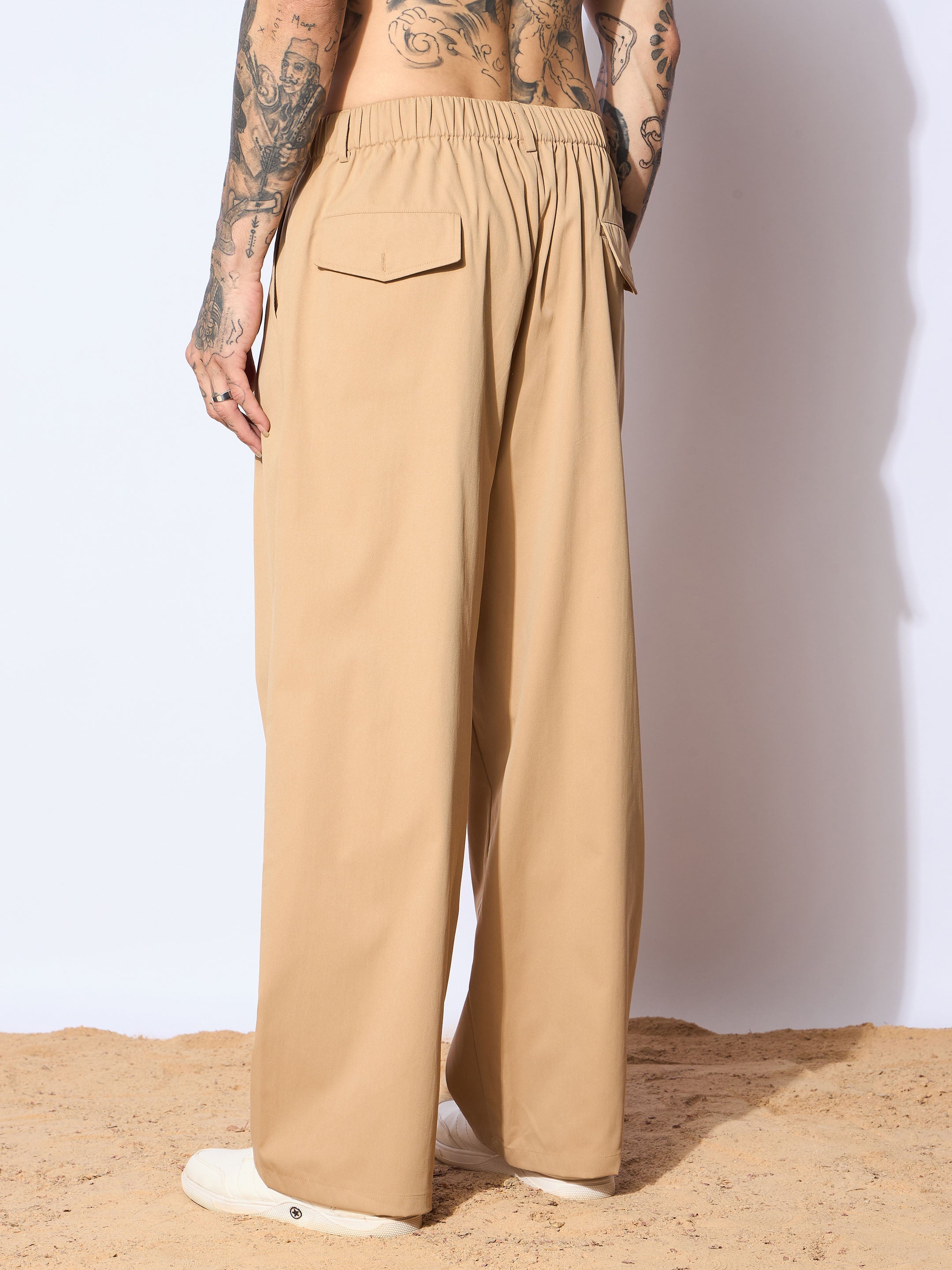 Men Beige Front Pleated Korean Pants