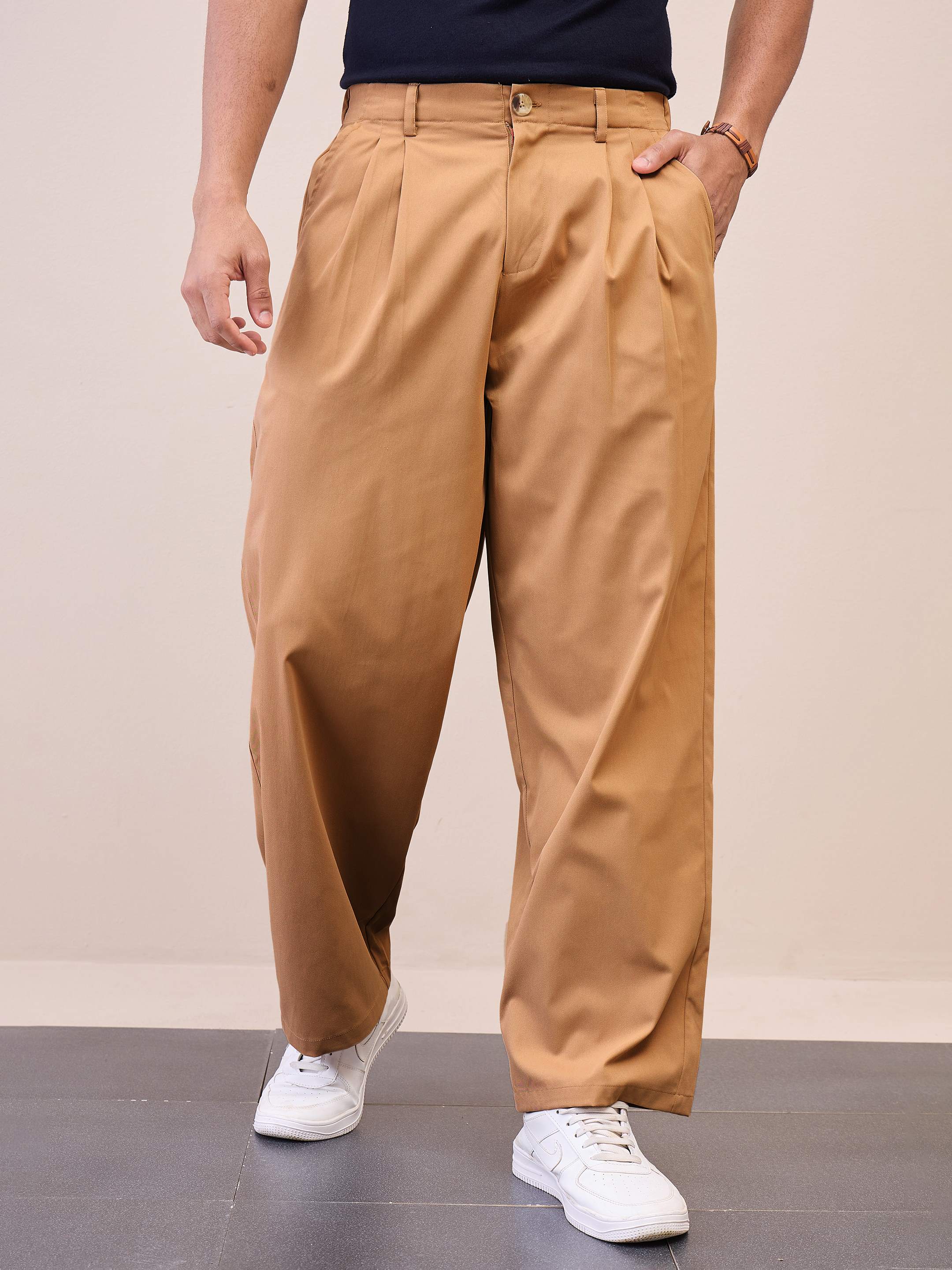 Men Brown Front Pleated Korean Pants