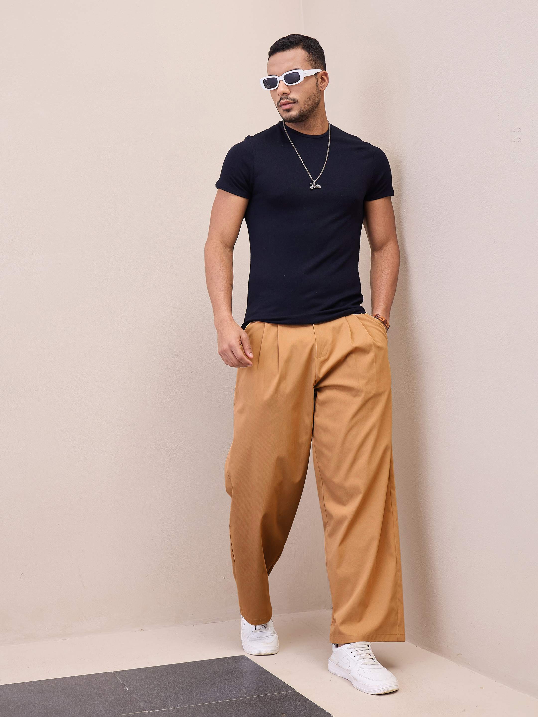 Men Brown Front Pleated Korean Pants