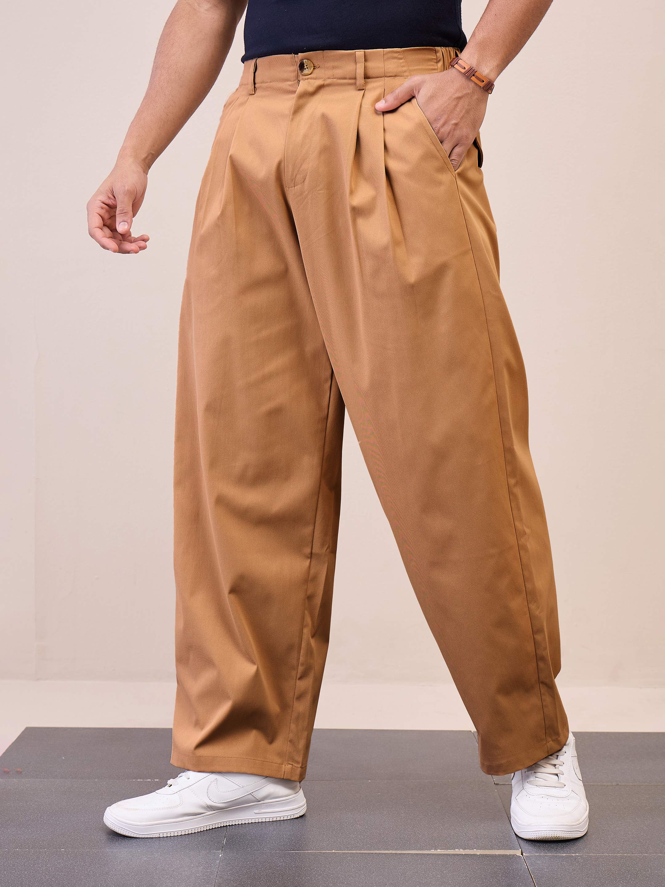 Men Brown Front Pleated Korean Pants