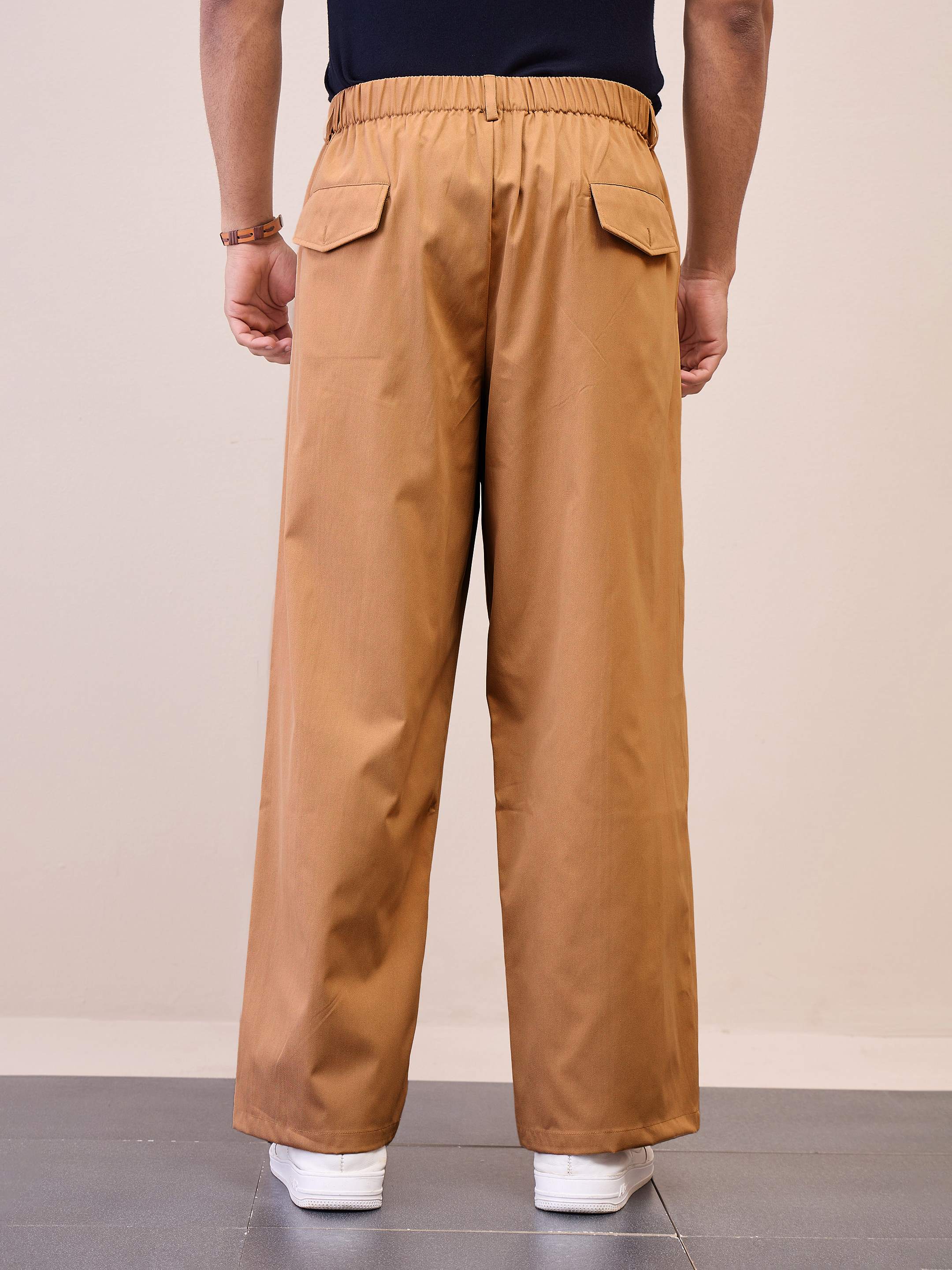 Men Brown Front Pleated Korean Pants