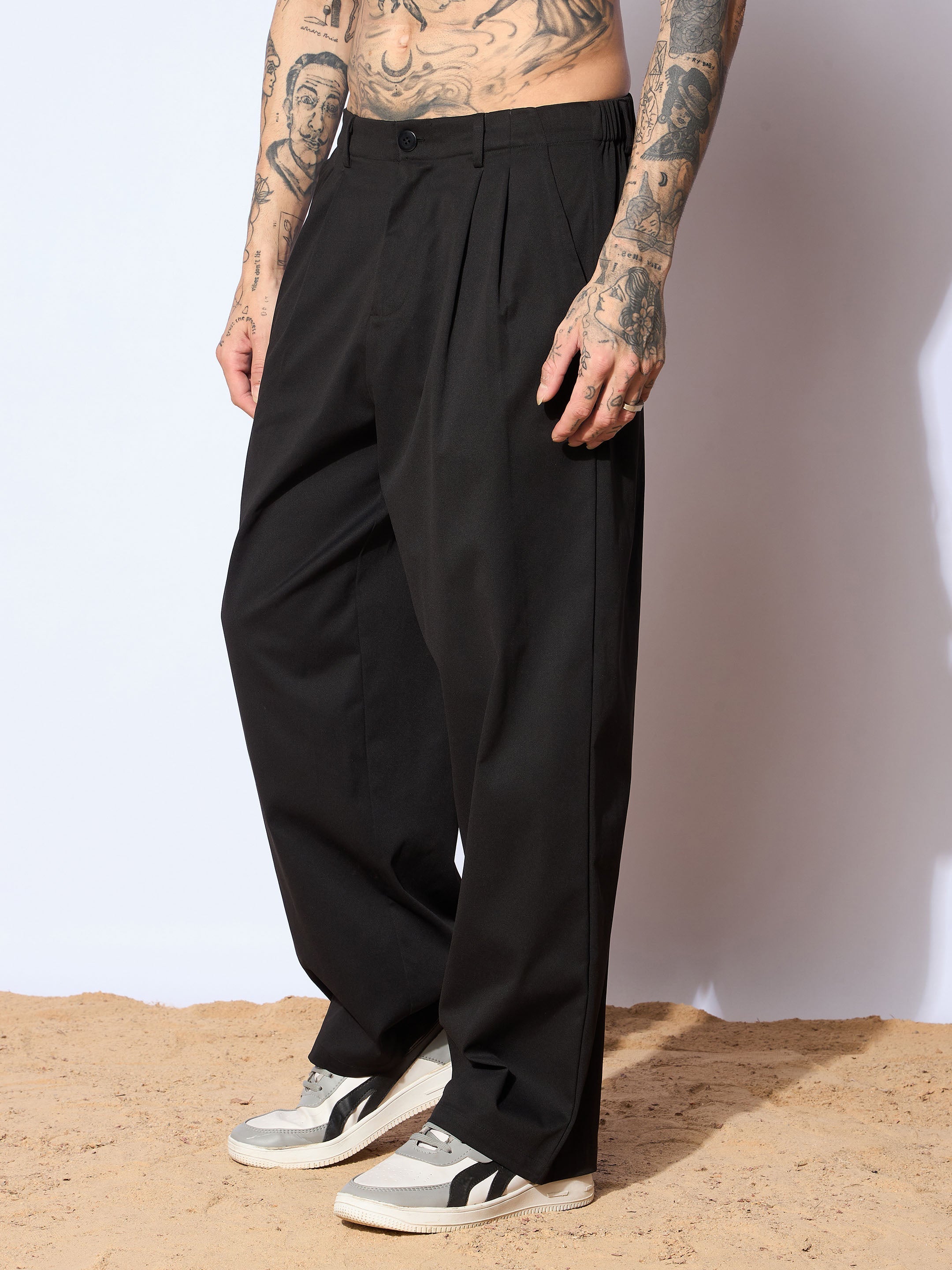 Men Black Front Pleated Korean Pants