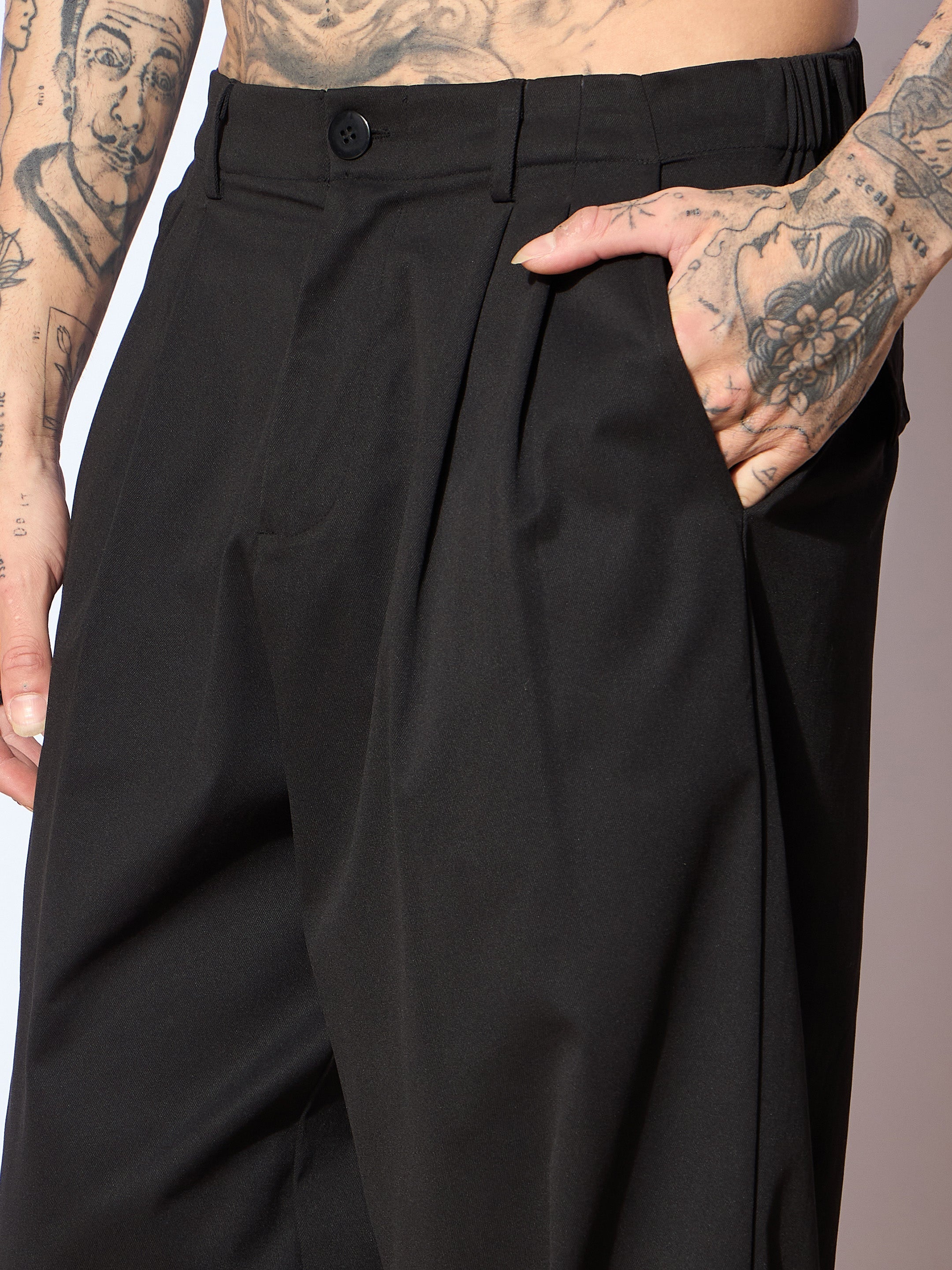 Men Black Front Pleated Korean Pants